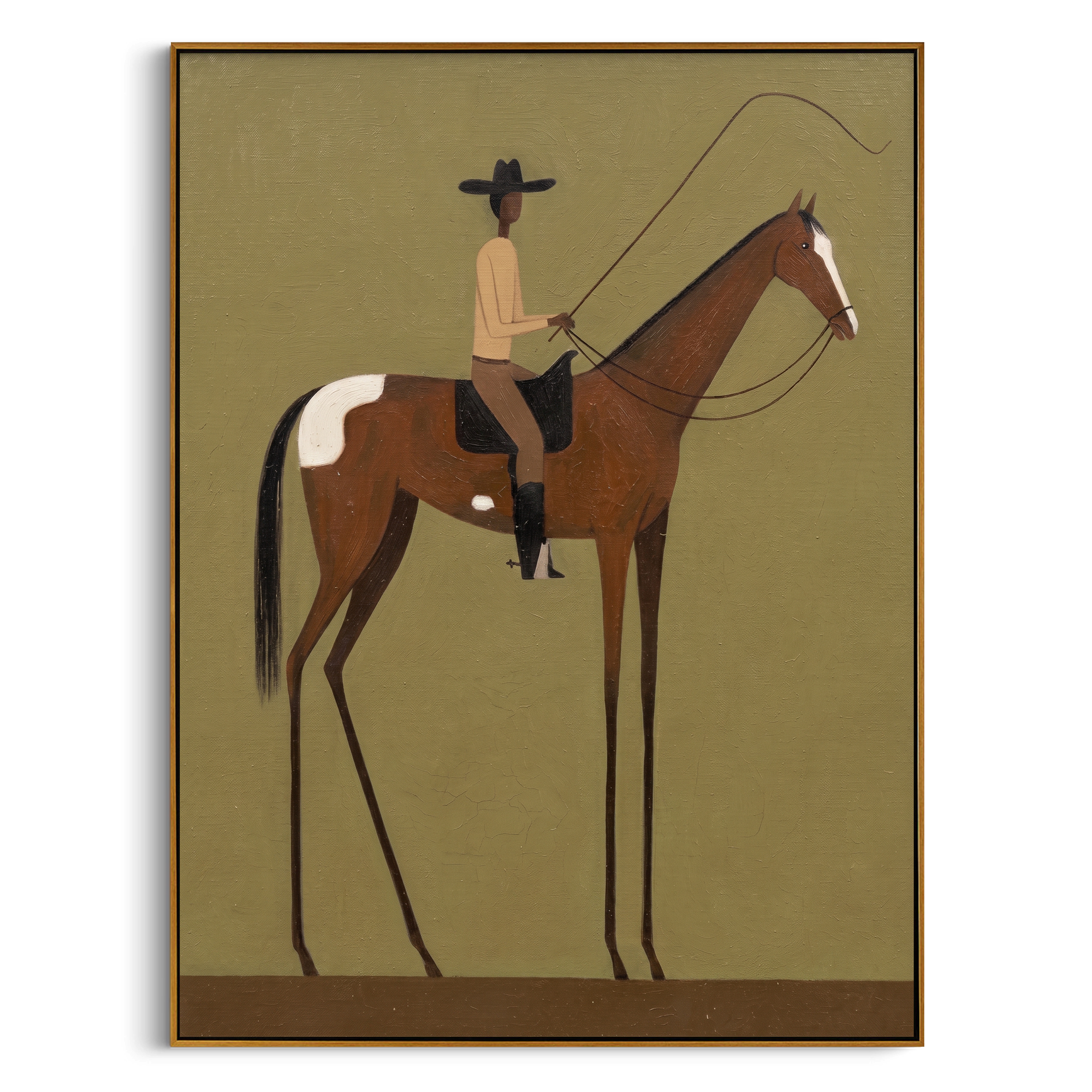 "Solo Pasture Cowboy" – Modern Heavy Impasto Minimal Western Figurative | 3D Moss Olive & Chestnut Palette Knife Painting | Luxury Vertical Wall Art #PT 507