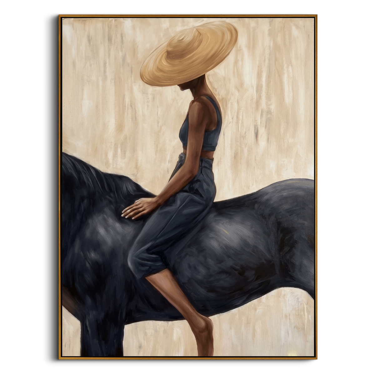 "Straw Hat & Midnight Horse" – Stylized Impasto Portrait | Neutral Tones Textured Wall Decor | Contemporary Vertical Statement Piece #PT 555