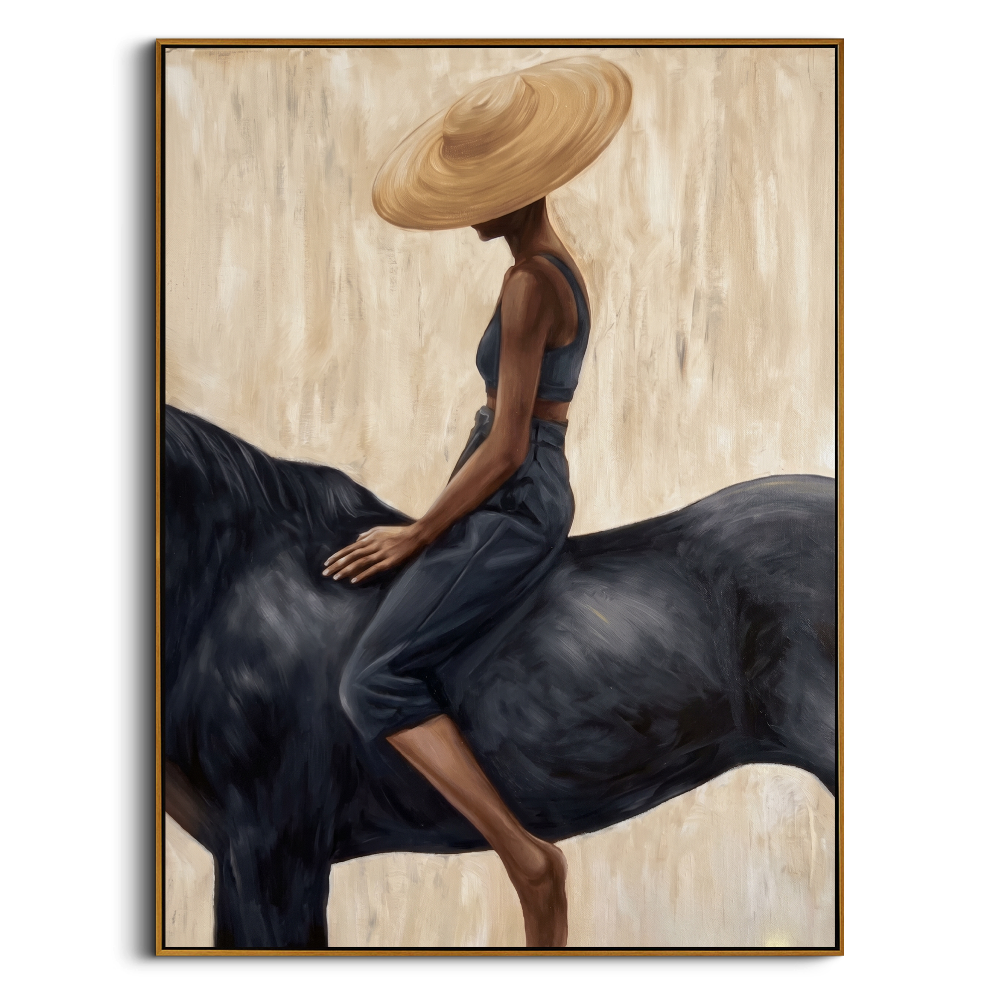 "Straw Hat & Midnight Horse" – Stylized Impasto Portrait | Neutral Tones Textured Wall Decor | Contemporary Vertical Statement Piece #PT 555