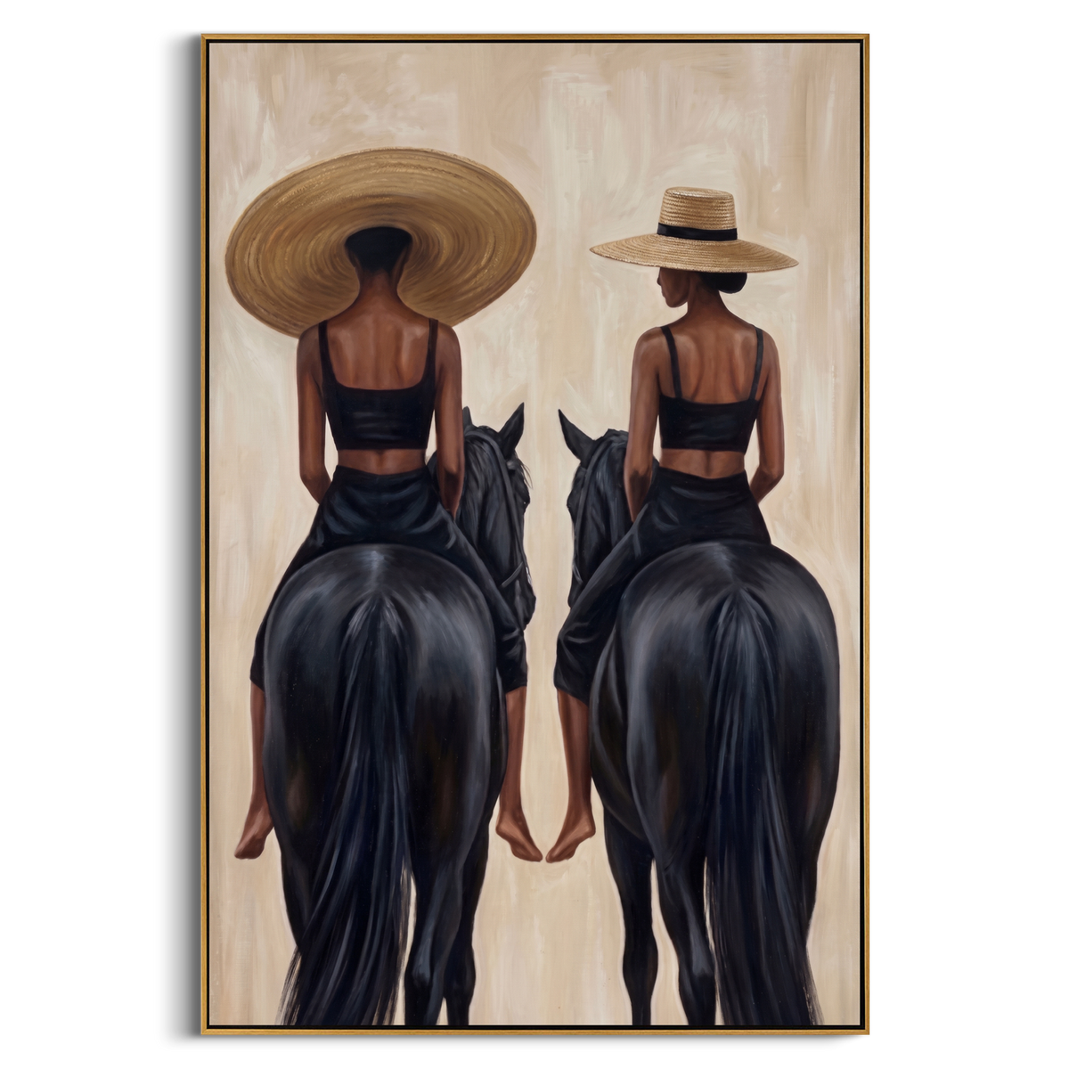 "Two Riders at Dawn" – Modern Heavy Impasto Figurative Art | 3D Raffia & Noir Palette Knife Painting | Luxury Vertical Wall Art #PT 556