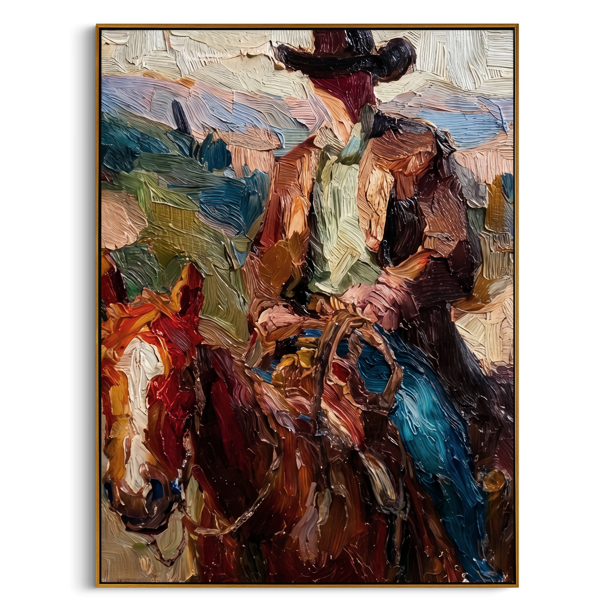 "Palette Knife Cowboy" – Textured Impasto Equestrian Artwork | Bold Tones Expressive Wall Decor | Contemporary Vertical Statement Piece #PT 557