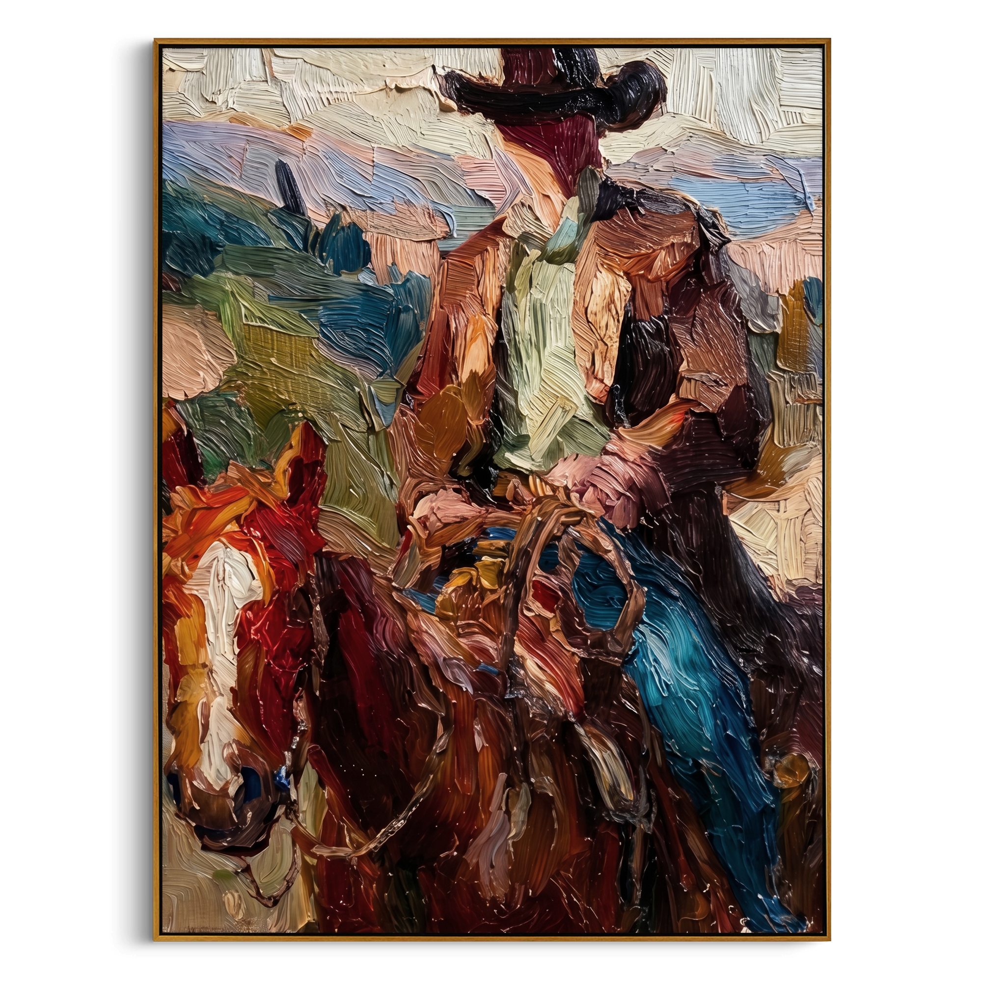 "Palette Knife Cowboy" – Textured Impasto Equestrian Artwork | Bold Tones Expressive Wall Decor | Contemporary Vertical Statement Piece #PT 557
