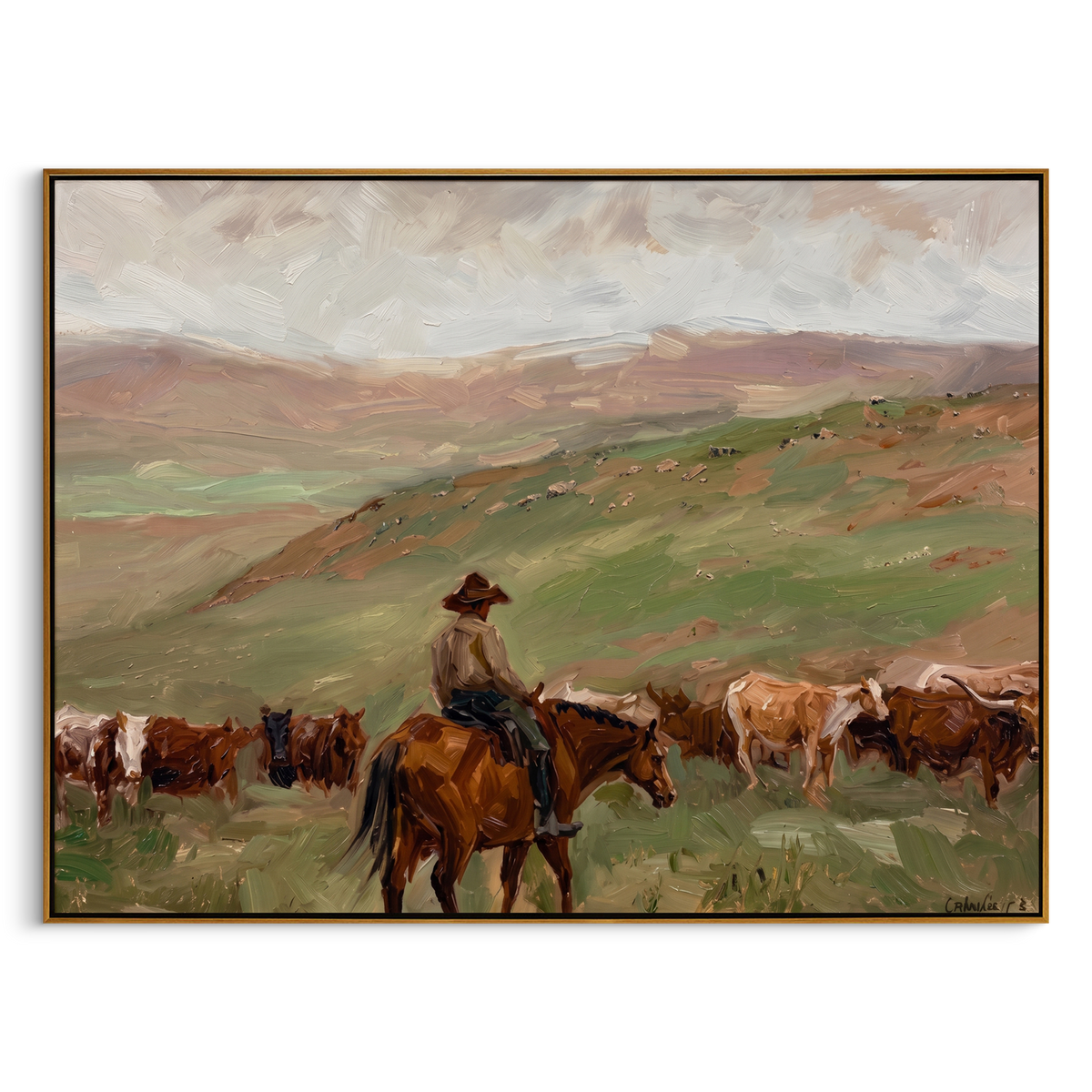 "Pasture Cattle Herder" – Modern Heavy Impasto Western Landscape Figurative | 3D Prairie Green & Rust Terracotta Palette Knife Painting | Luxury Horizontal Wall Art #PT 561