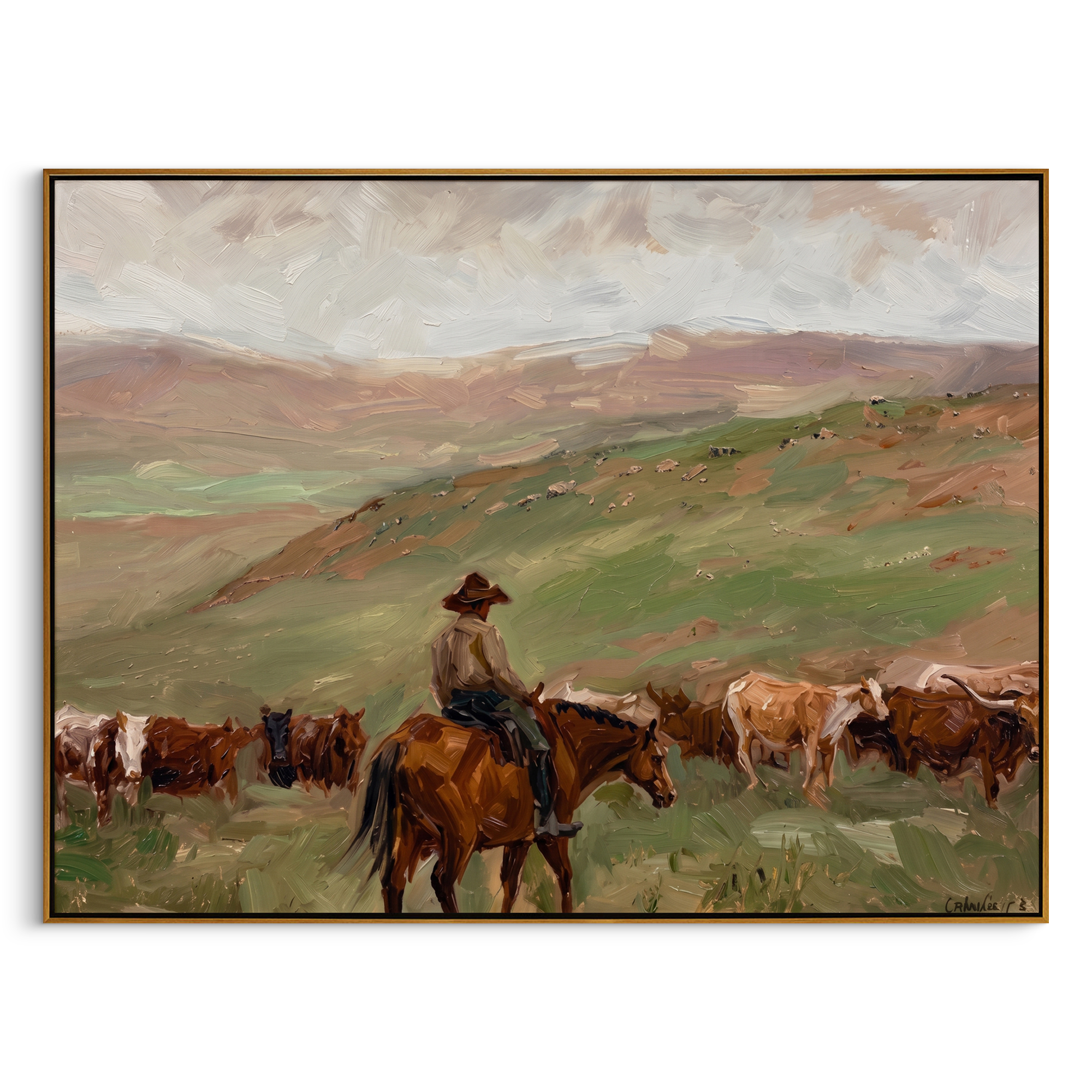 "Pasture Cattle Herder" – Modern Heavy Impasto Western Landscape Figurative | 3D Prairie Green & Rust Terracotta Palette Knife Painting | Luxury Horizontal Wall Art #PT 561