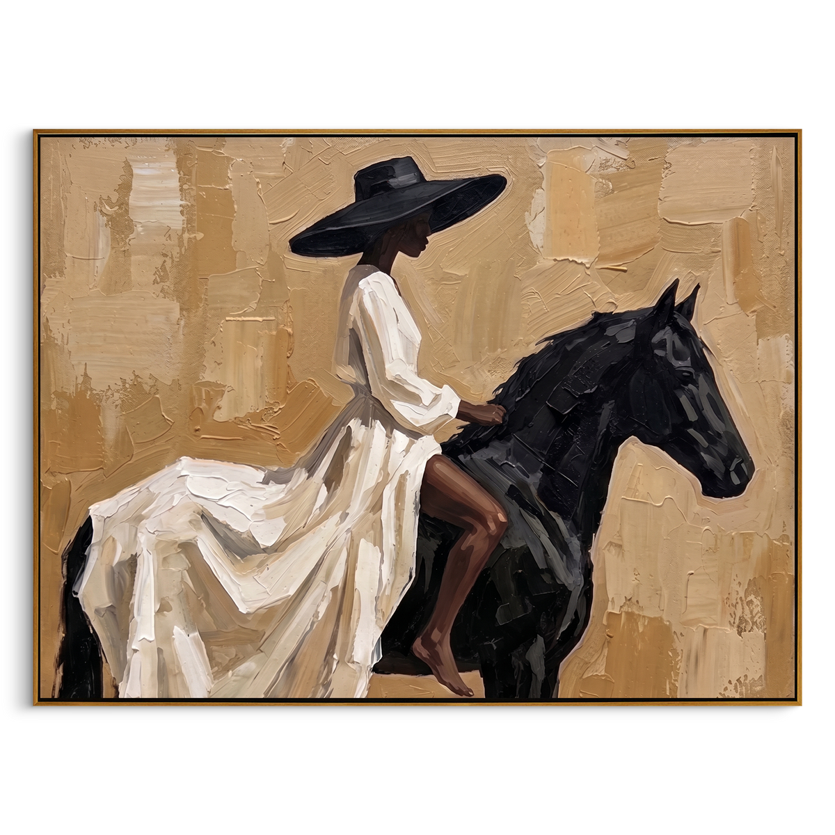 "Elegant Noir Equestrienne" – Modern Heavy Impasto Contemporary Figurative | 3D Warm Sand & Jet Black Palette Knife Painting | Luxury Horizontal Wall Art #PT 562