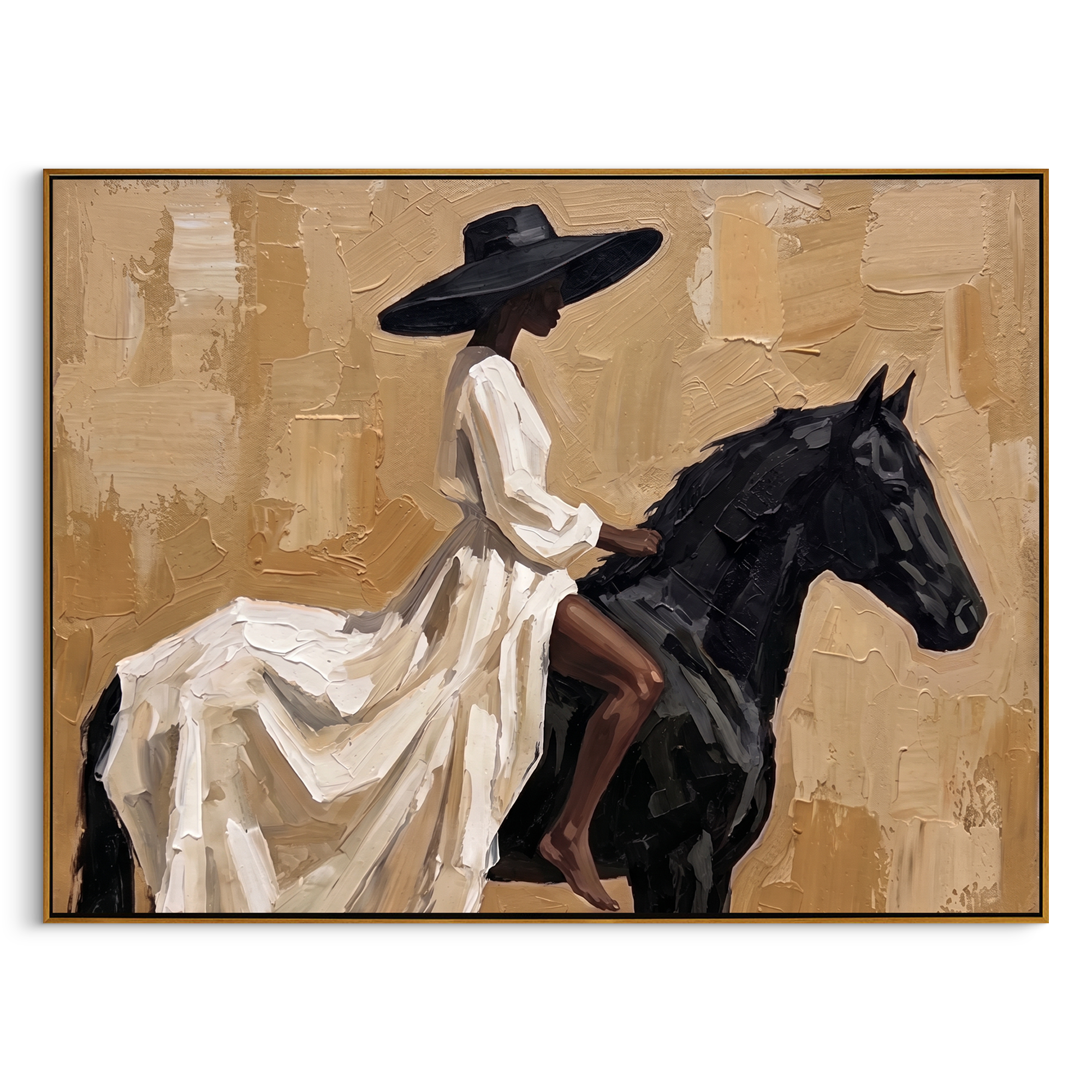 "Elegant Noir Equestrienne" – Modern Heavy Impasto Contemporary Figurative | 3D Warm Sand & Jet Black Palette Knife Painting | Luxury Horizontal Wall Art #PT 562