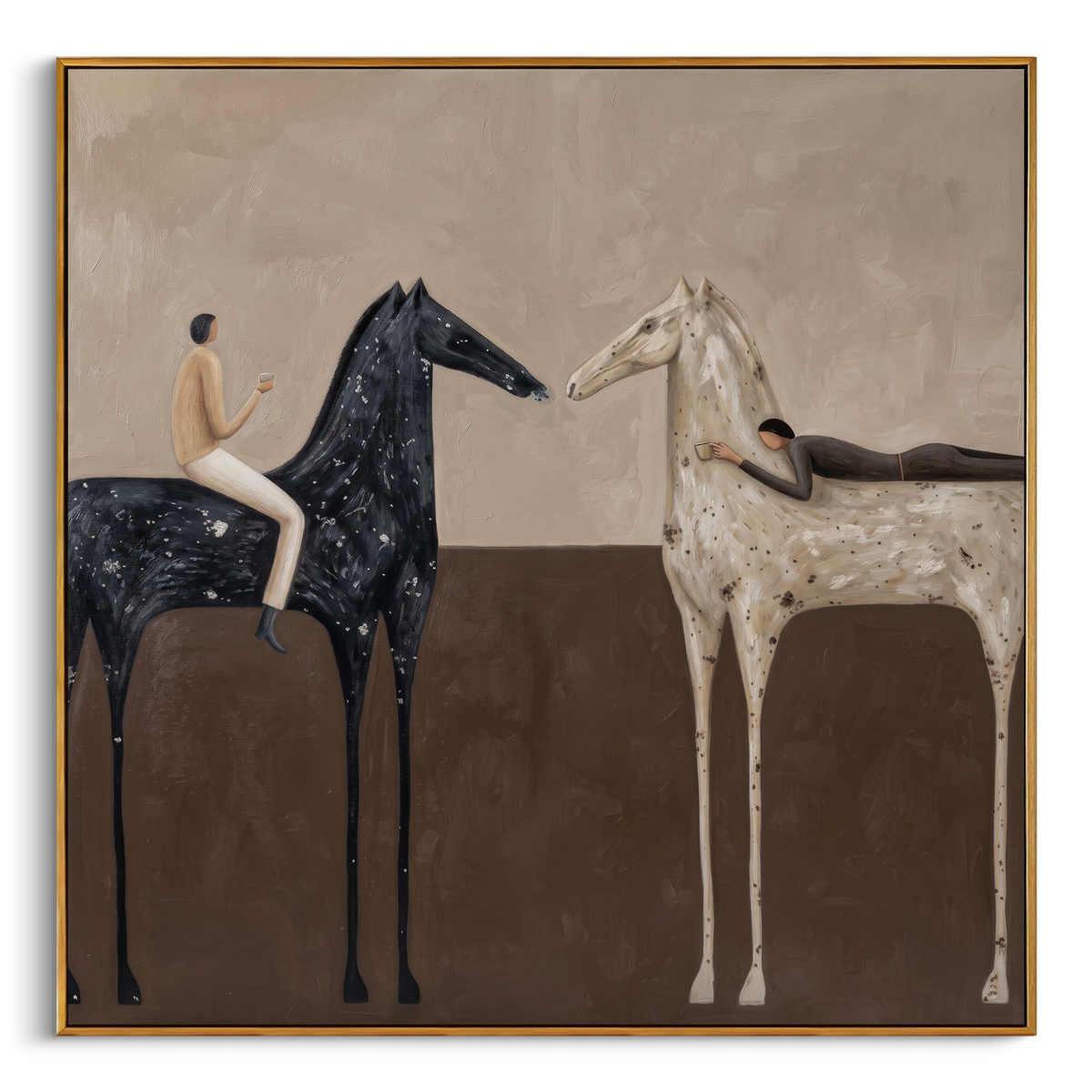 "Two Steeds & Leisure Companions" – Modern Heavy Impasto Minimal Figurative | 3D Warm Taupe & Ebony Cream Palette Knife Painting | Luxury Square Wall Art #PT 564