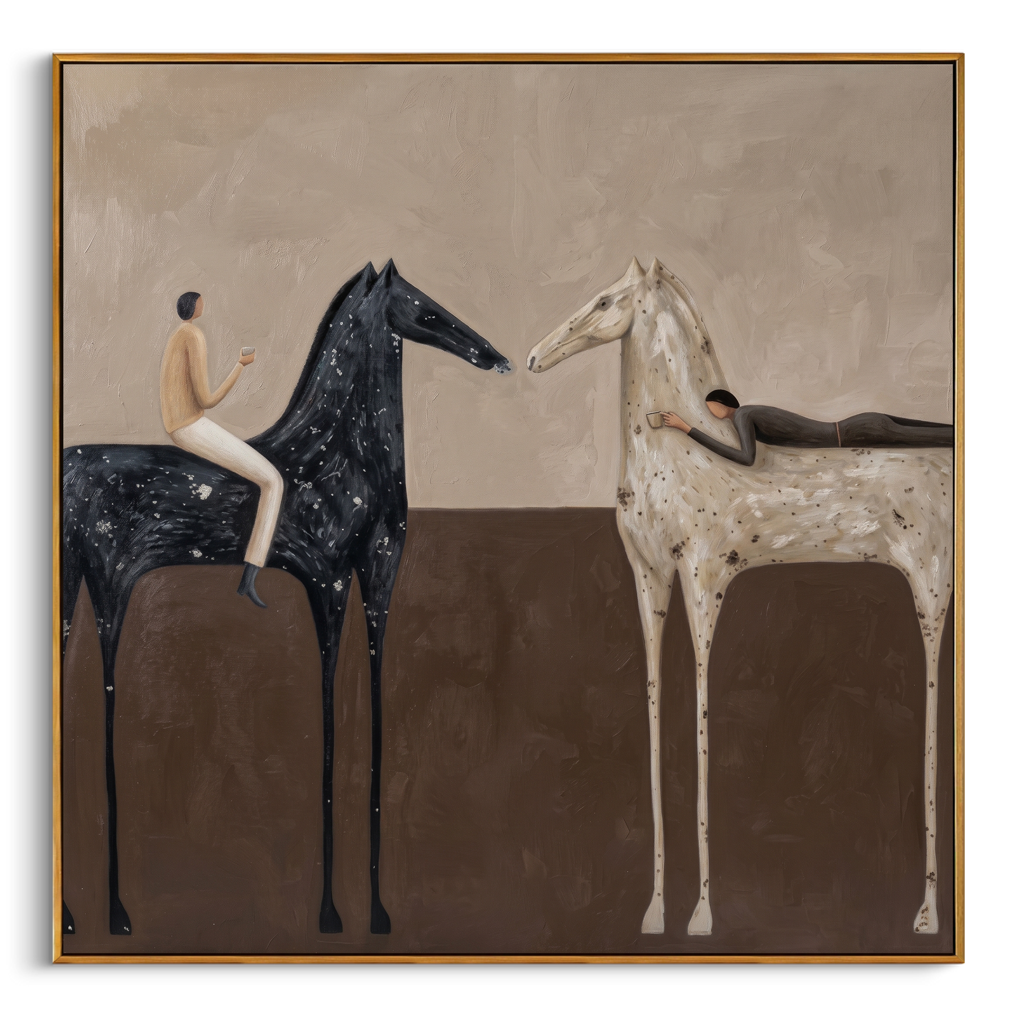 "Two Steeds & Leisure Companions" – Modern Heavy Impasto Minimal Figurative | 3D Warm Taupe & Ebony Cream Palette Knife Painting | Luxury Square Wall Art #PT 564