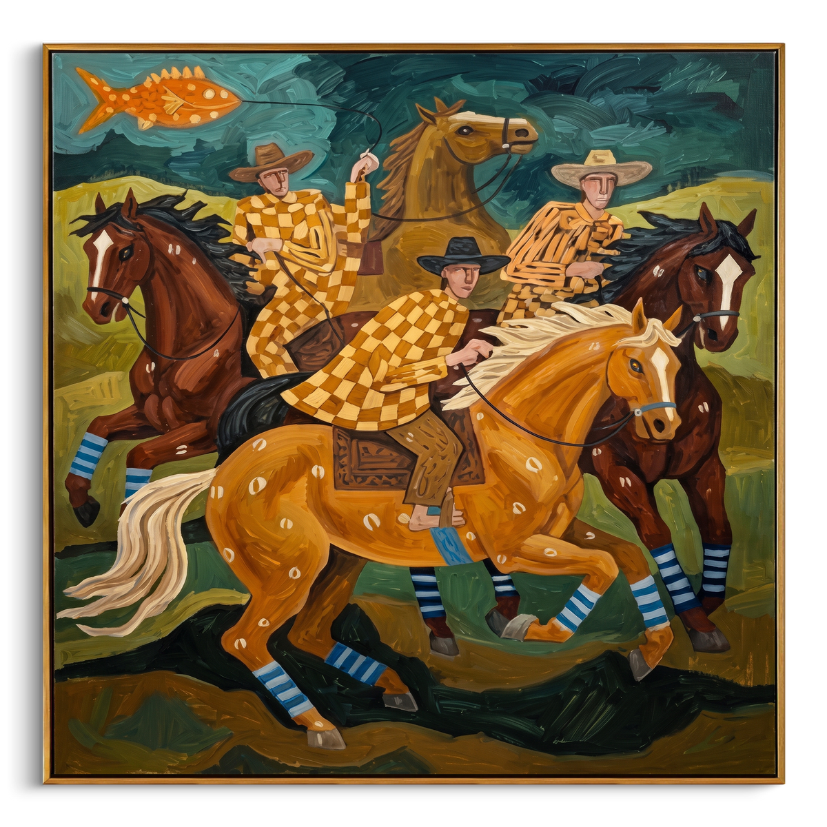 "Checkered Prairie Riders" – Modern Heavy Impasto Folk Western Figurative | 3D Moss Green & Golden Ochre Palette Knife Painting | Luxury Square Wall Art #PT 565