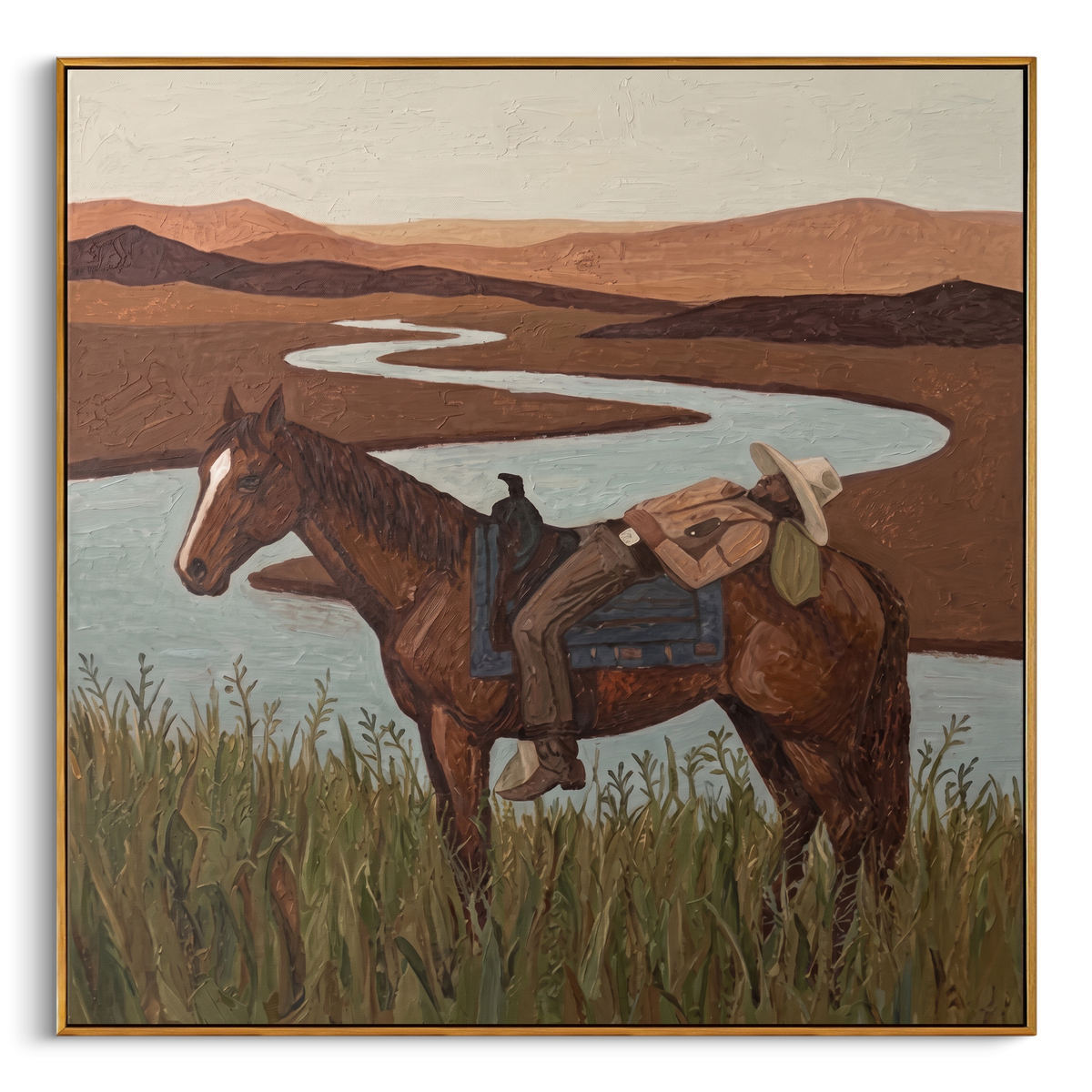 "Riverside Siesta Cowboy" – Modern Heavy Impasto Western Landscape Figurative | 3D Clay Terracotta & Muted Aqua Palette Knife Painting | Luxury Square Wall Art #PT 566
