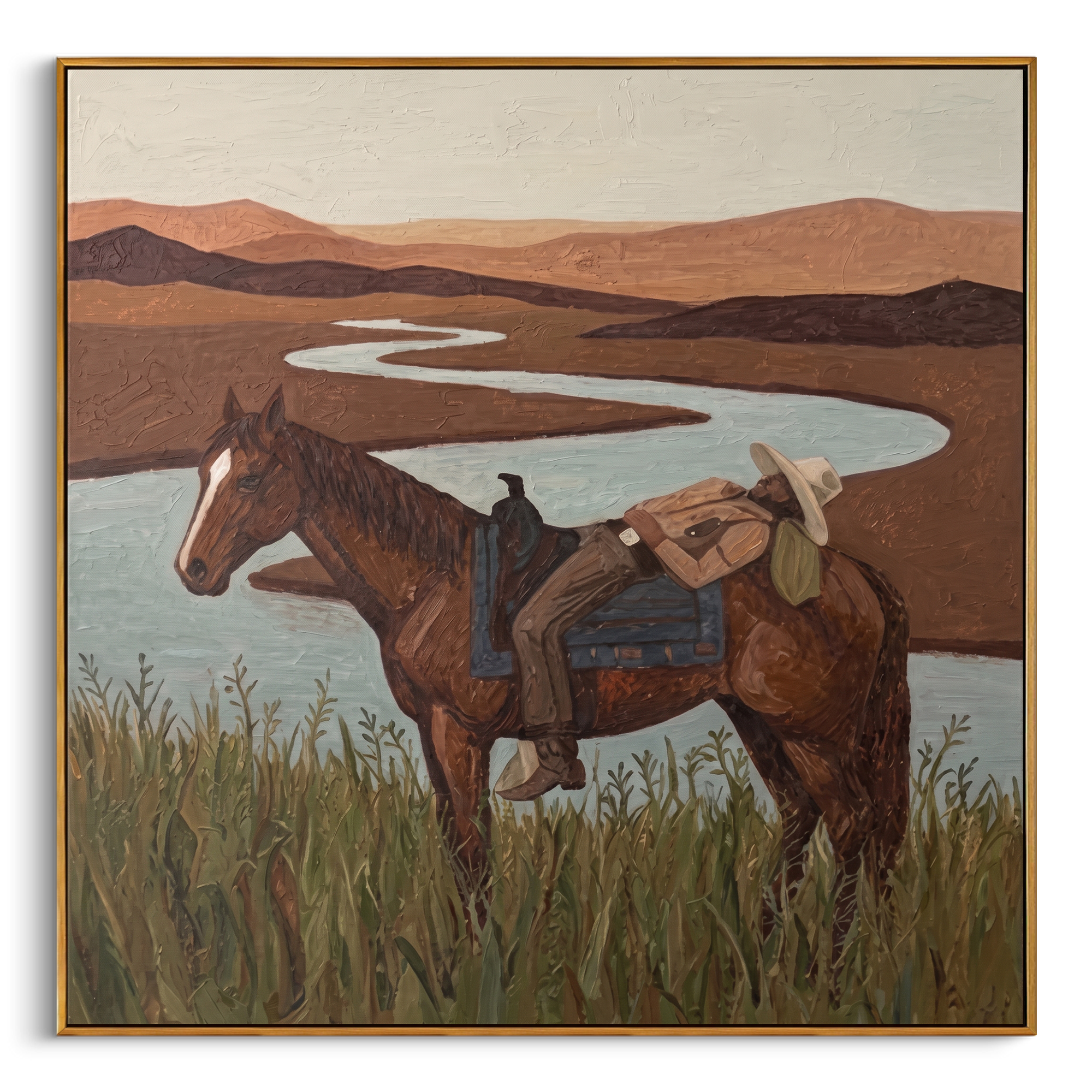 "Riverside Siesta Cowboy" – Modern Heavy Impasto Western Landscape Figurative | 3D Clay Terracotta & Muted Aqua Palette Knife Painting | Luxury Square Wall Art #PT 566