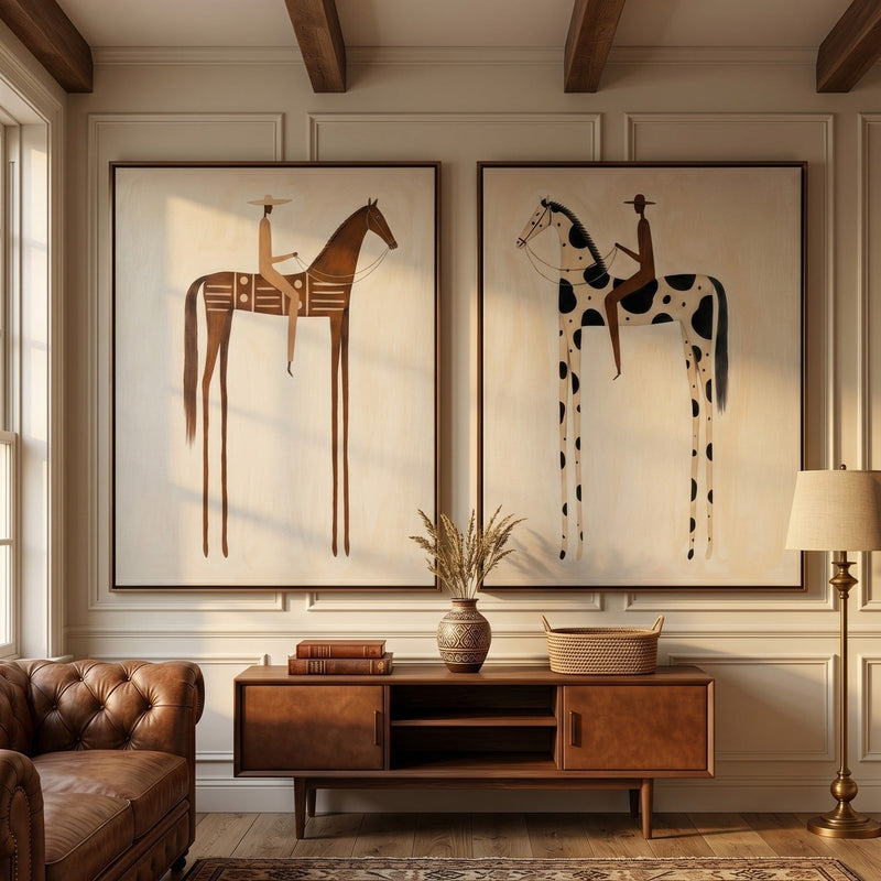 "Paired Reveries" - Modern Heavy Impasto Western Animal Artwork | Golden Palette Knife Painting | Luxury Two-Panel Vertical Wall Art #PT 2597