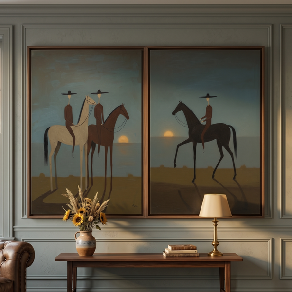 "Sunset Riders Set" - Modern Heavy Impasto Abstract Artwork | Beige & Golden Palette Knife Painting | Luxury Two-Panel Vertical Wall Art #PT 2594