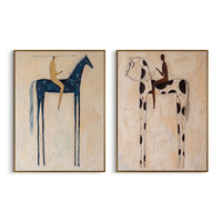 "Dual Stylized Equine Journey" – Modern Heavy Impasto Primitive Figurative | 3D Navy Blue & Warm Taupe Palette Knife Painting | Luxury Two-Panel Vertical Wall Art Set #AB 520