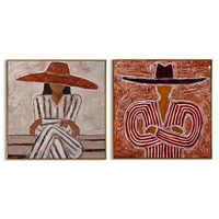 "Striped Hat Couple Diptych" – Modern Heavy Impasto Stylized Figurative | 3D Terracotta Russet & Muted Taupe Palette Knife Painting | Luxury Two-Panel Square Wall Art Set #PE 528