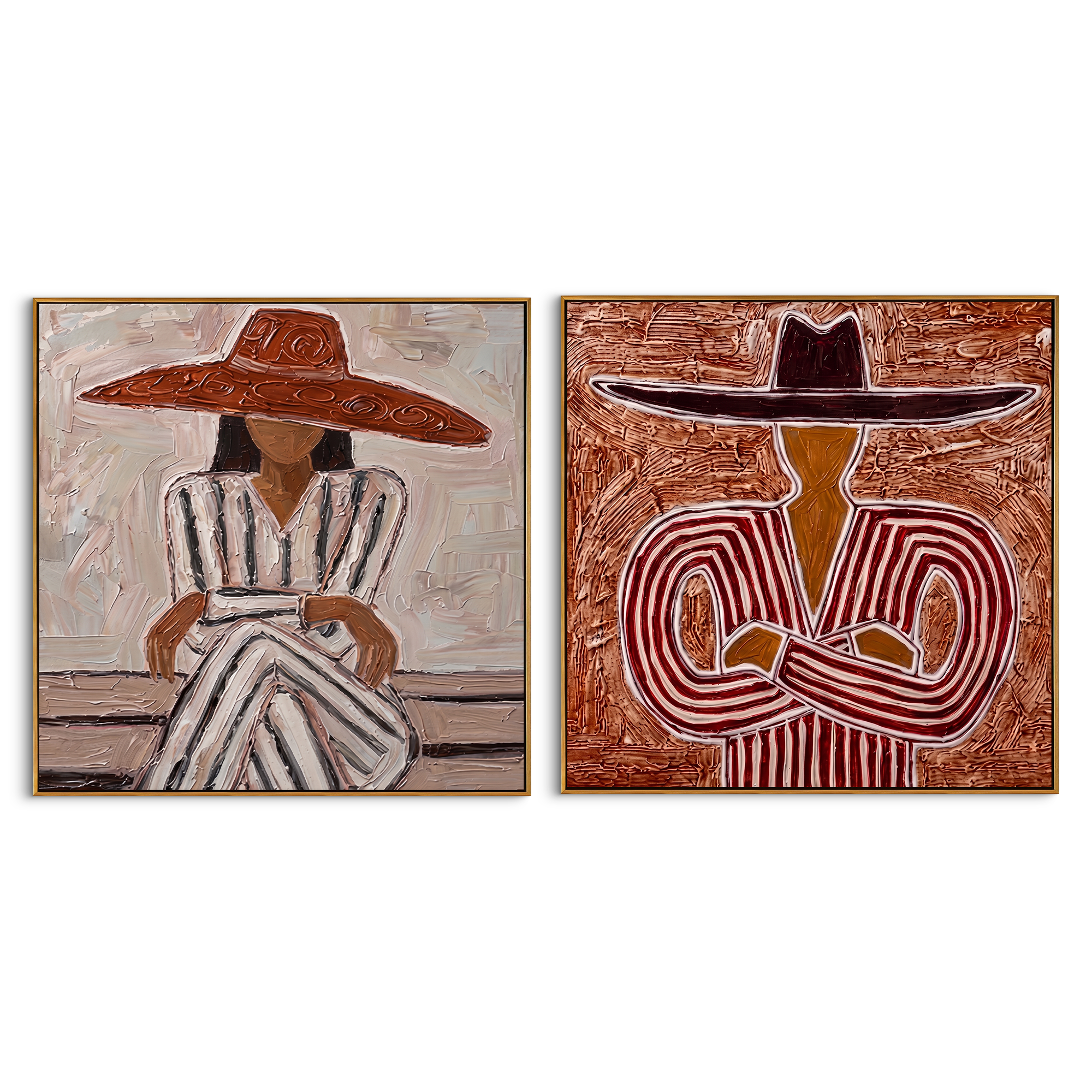 "Striped Hat Couple Diptych" – Modern Heavy Impasto Stylized Figurative | 3D Terracotta Russet & Muted Taupe Palette Knife Painting | Luxury Two-Panel Square Wall Art Set #PE 528