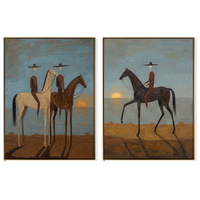 "Coastal Sunset Cowboy Duet Diptych" – Modern Heavy Impasto Surreal Western Figurative | 3D Dusk Blue & Earth Umber Palette Knife Painting | Luxury Two-Panel Vertical Wall Art Set #AB 522