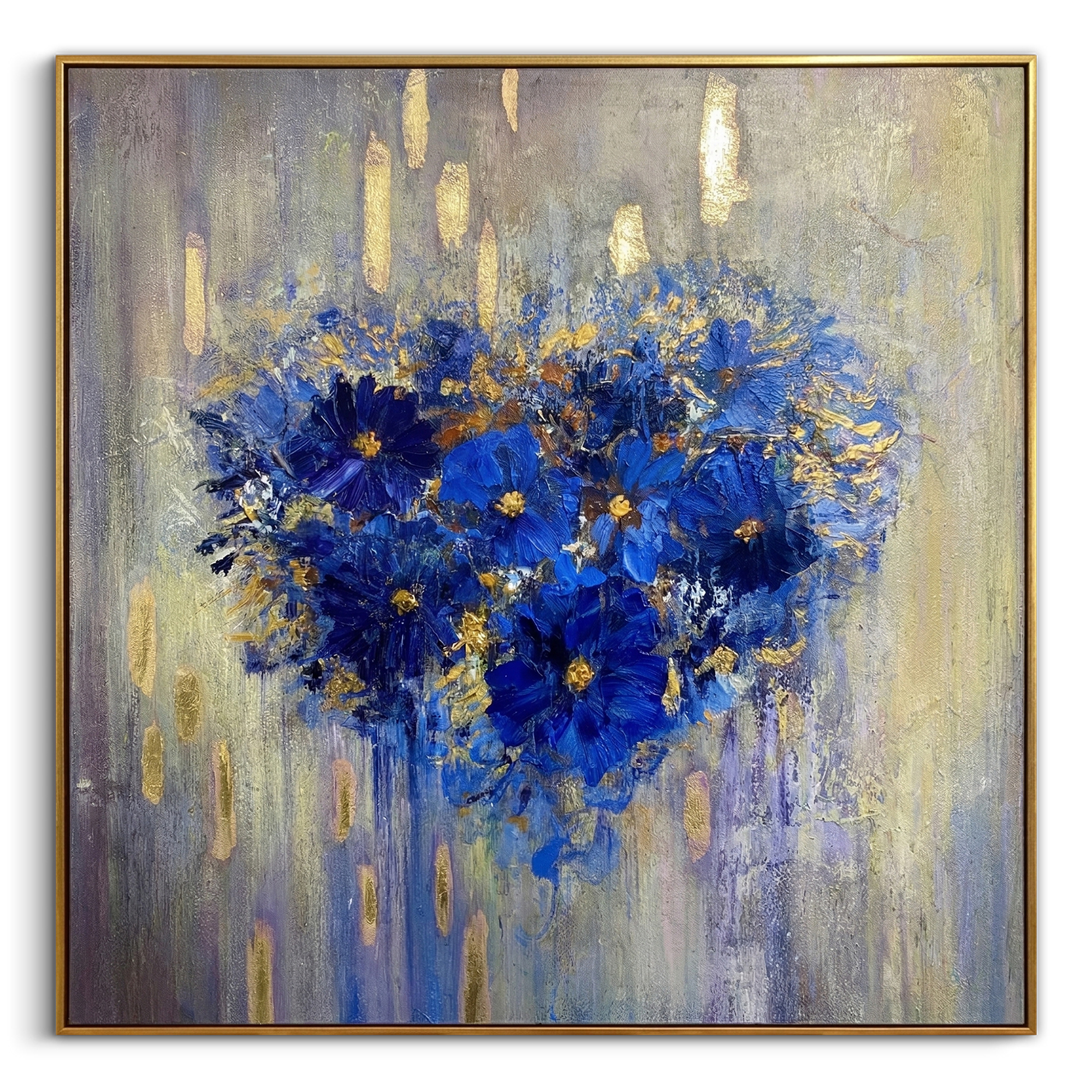 "Azure Soul" – Klein Blue Heart Floral Gold Foil Oil Painting | Modern Romantic Abstract Bedroom Wall Art#WS 224