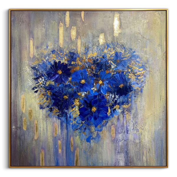 "Azure Soul" – Klein Blue Heart Floral Gold Foil Oil Painting | Modern Romantic Abstract Bedroom Wall Art#WS 224