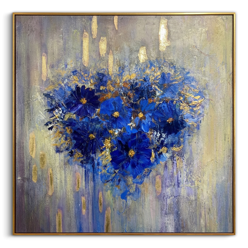 "Azure Soul" – Klein Blue Heart Floral Gold Foil Oil Painting | Modern Romantic Abstract Bedroom Wall Art#WS 224