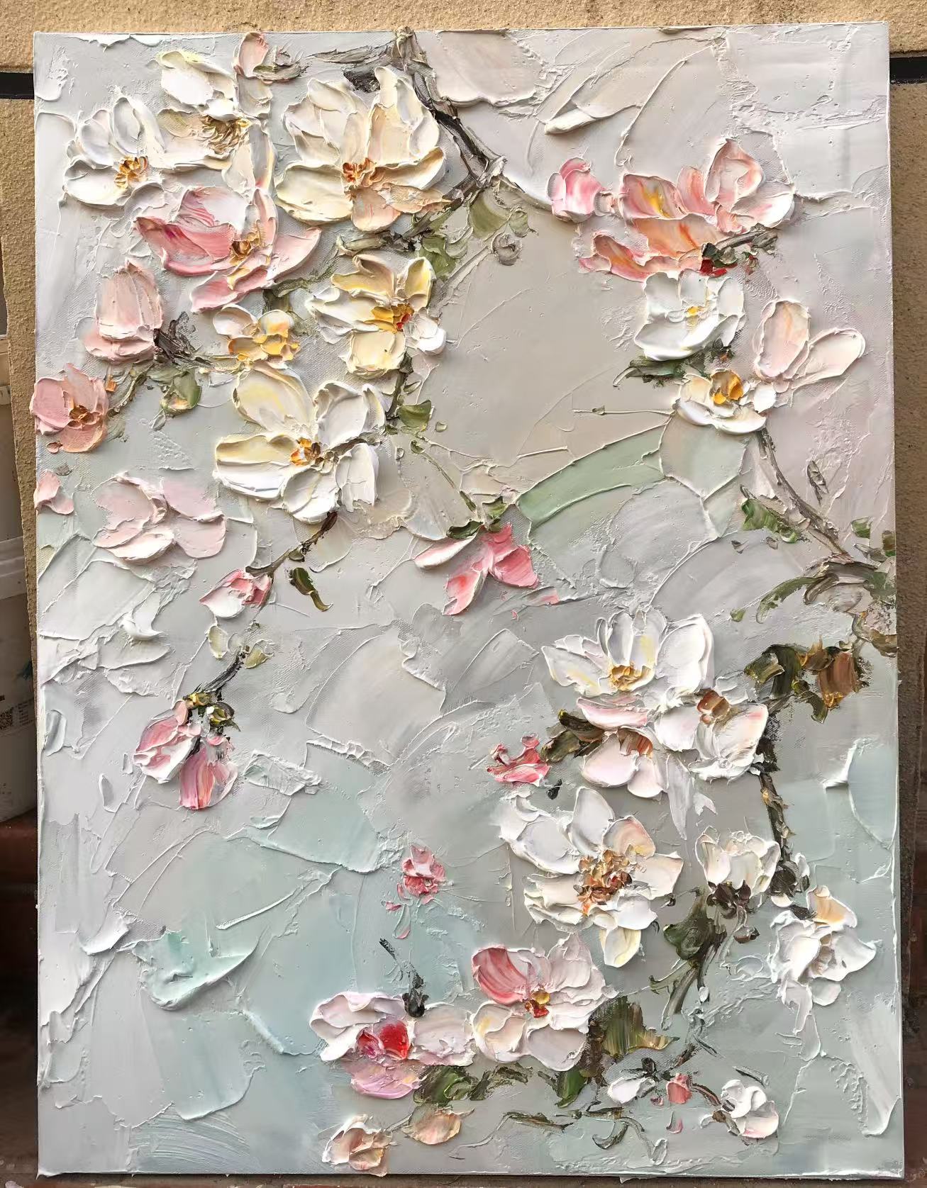"Spring Whispers" – 3D Sculptural Heavy Impasto Cherry Blossom | Modern Creamy Style Healing Floral Wall Art#FL319