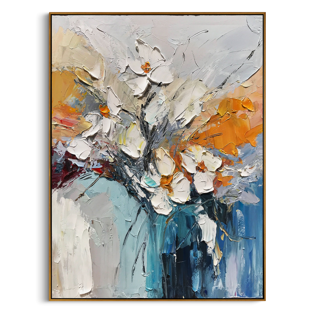 "Azure Petal Cascade" - Textured Floral Art | 3D Blue & Gold Textured Canvas Painting | Luxury Vertical Wall Art #AB 957