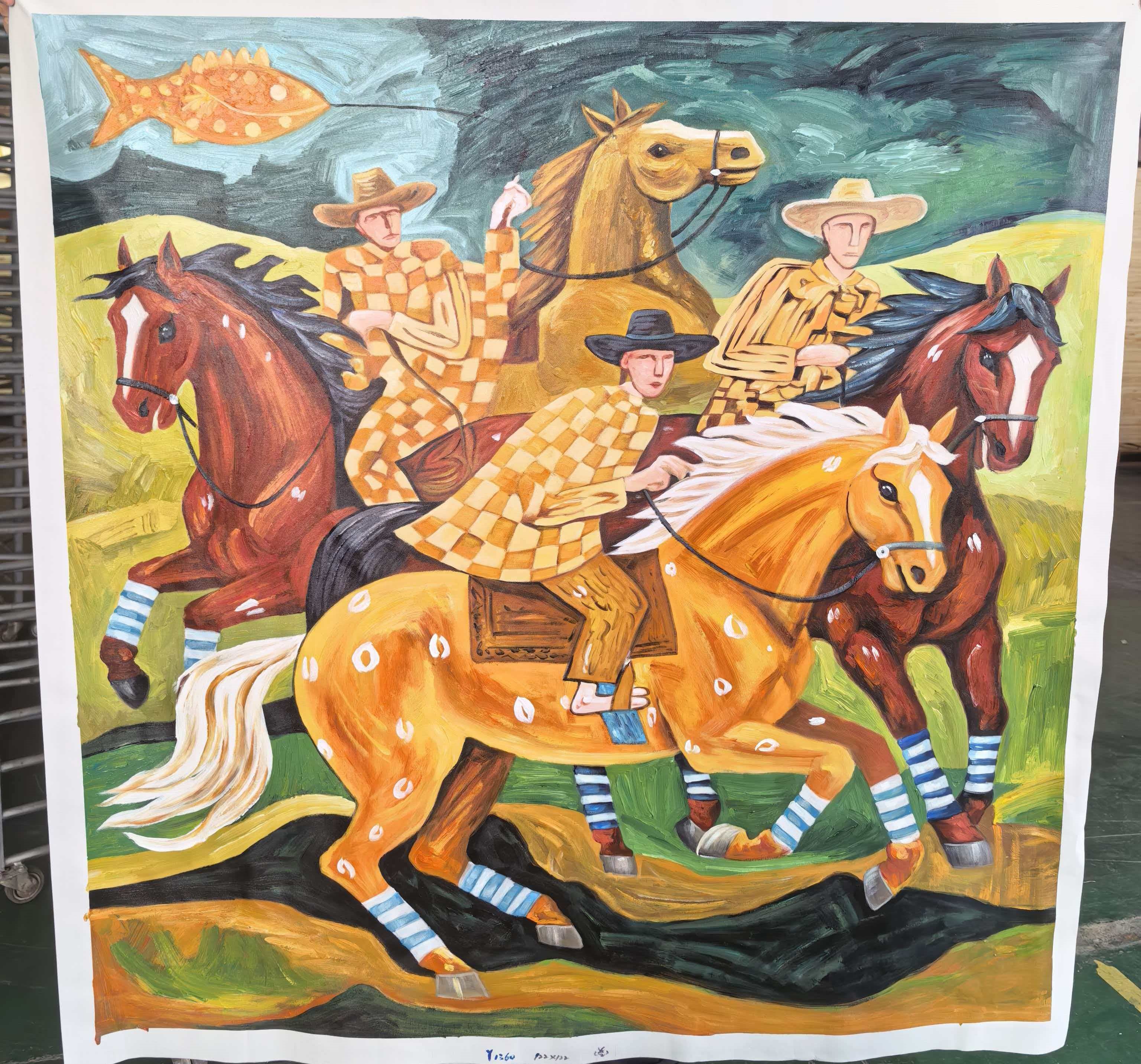 "Checkered Prairie Riders" – Modern Heavy Impasto Folk Western Figurative | 3D Moss Green & Golden Ochre Palette Knife Painting | Luxury Square Wall Art #PT 565