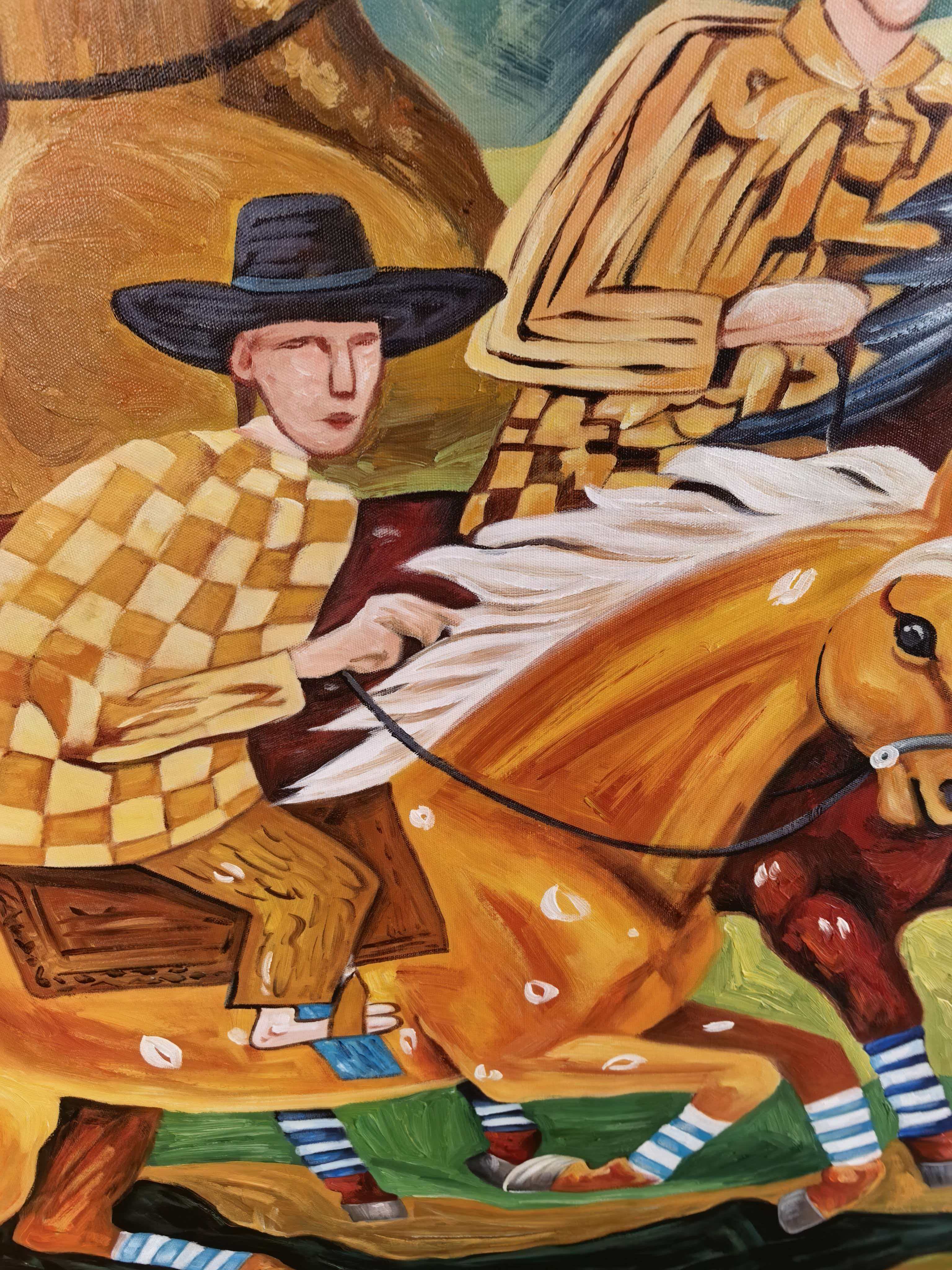 "Checkered Prairie Riders" – Modern Heavy Impasto Folk Western Figurative | 3D Moss Green & Golden Ochre Palette Knife Painting | Luxury Square Wall Art #PT 565