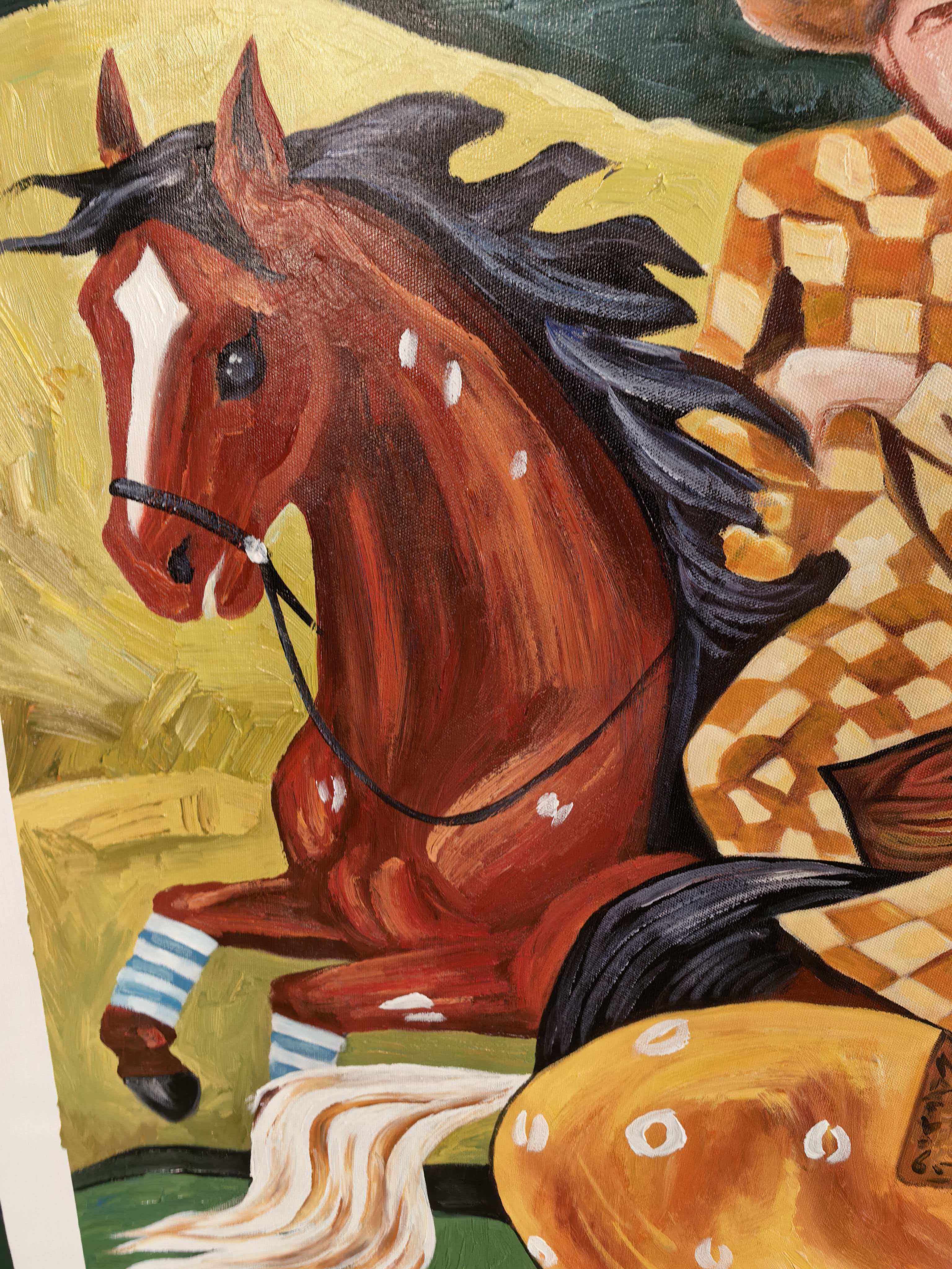 "Checkered Prairie Riders" – Modern Heavy Impasto Folk Western Figurative | 3D Moss Green & Golden Ochre Palette Knife Painting | Luxury Square Wall Art #PT 565