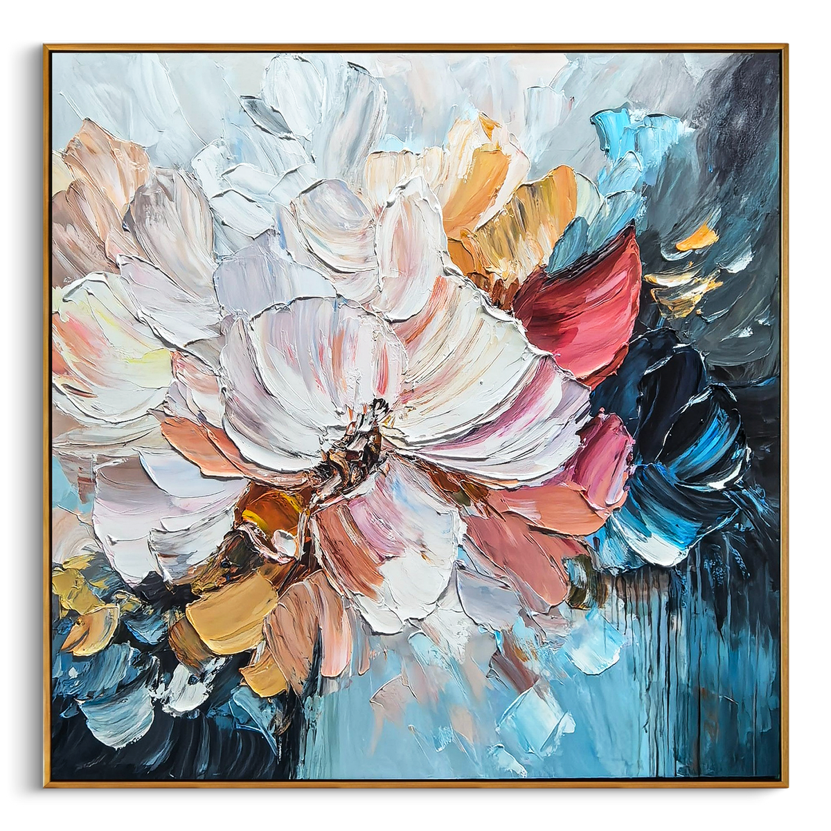 "Azure Floral Current" - Textured Floral Art | 3D Blue & Pink Impasto Canvas Painting | Luxury Square Wall Art #PT 532