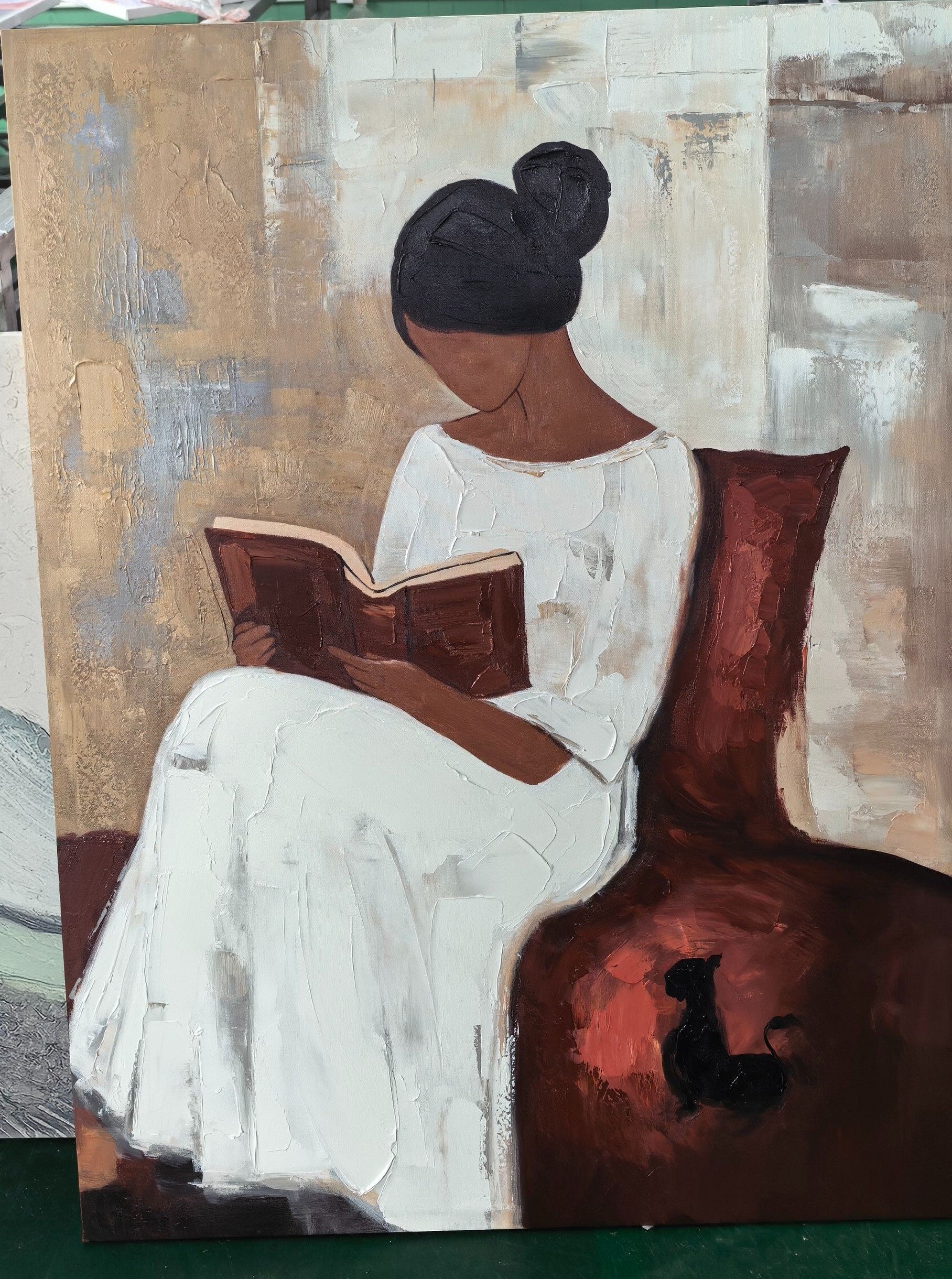 "Serene Reader's Moment" – Textured Abstract Portrait Art | Beige, White & Deep Red Woman with Book Painting | Contemporary Wall Decor #PE 500