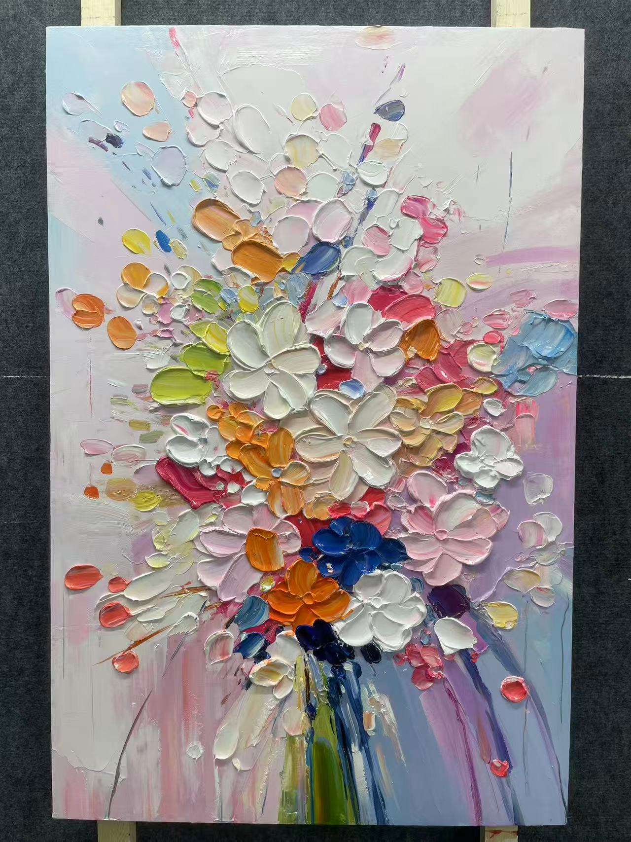 "Azure Botanical Echo" is a 100% hand-painted floral artwork created with professional oil and acrylic paints on high-quality canvas. Its blue & pink palette and visible textured strokes give every piece authentic handmade variation and tactile depth.
