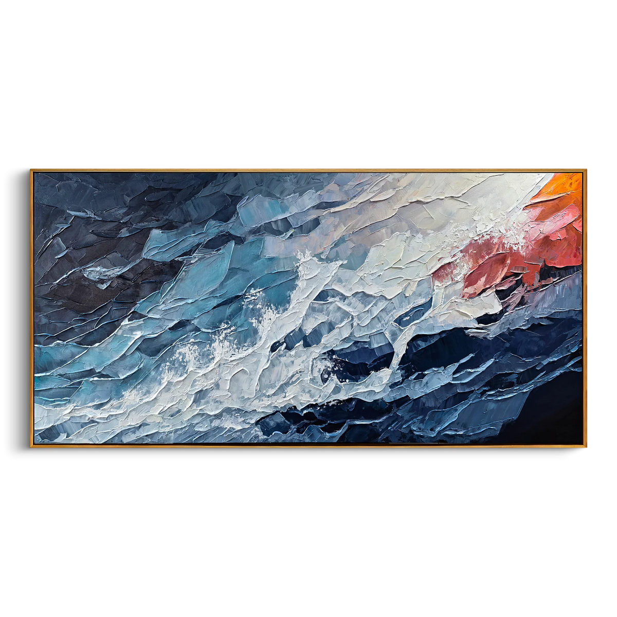 "Azure Ocean Passage" is a 100% hand-painted seascape created with professional oil and acrylic paints on high-quality canvas. Its blue & red palette and visible textured strokes give every piece authentic handmade variation and tactile depth.