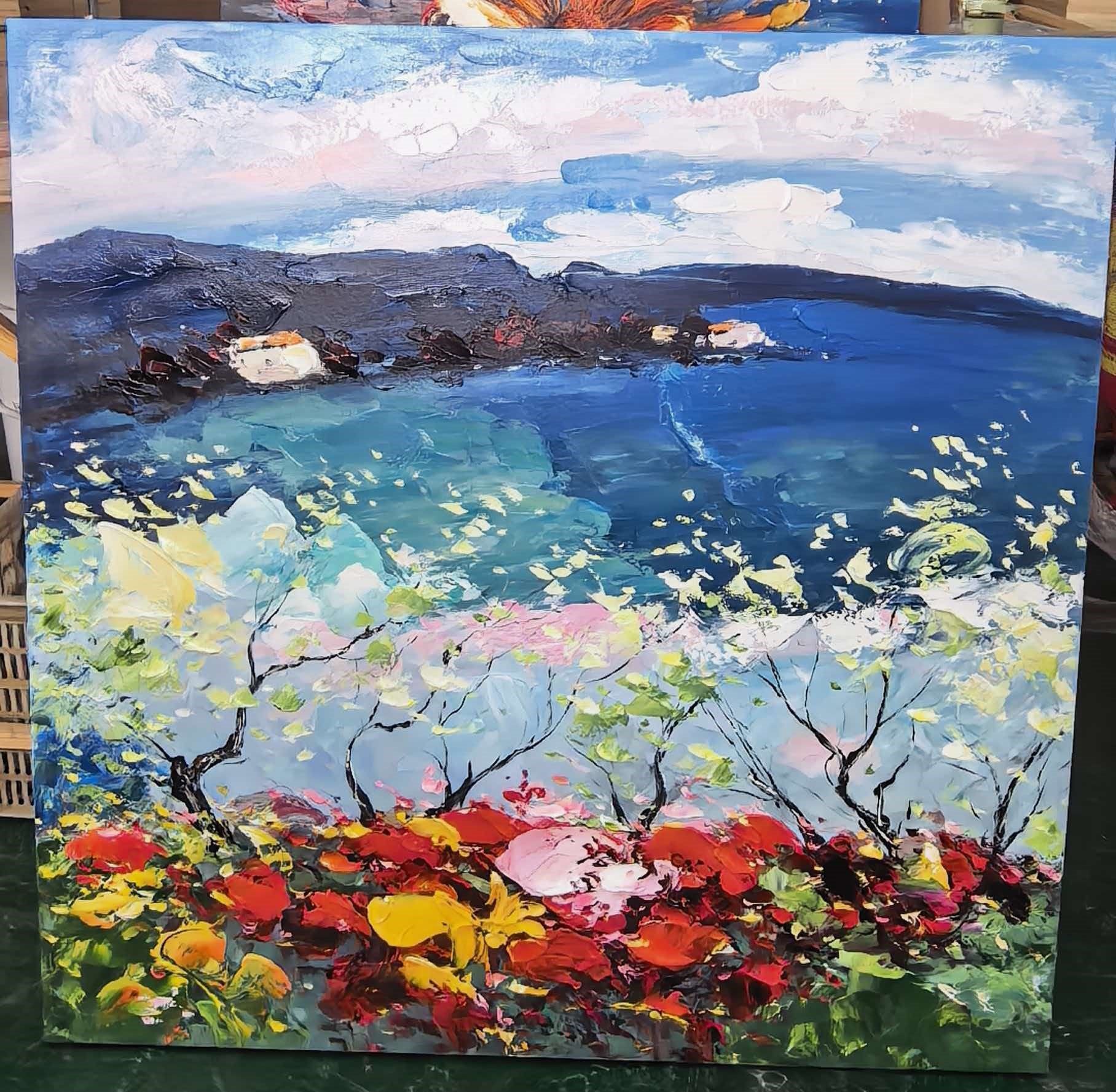 "Mediterranean Floral Vista" – Modern Heavy Impasto Impressionist Landscape | 3D Vivid Azure & Crimson Palette Knife Painting | Luxury Square Wall Art #PT 567