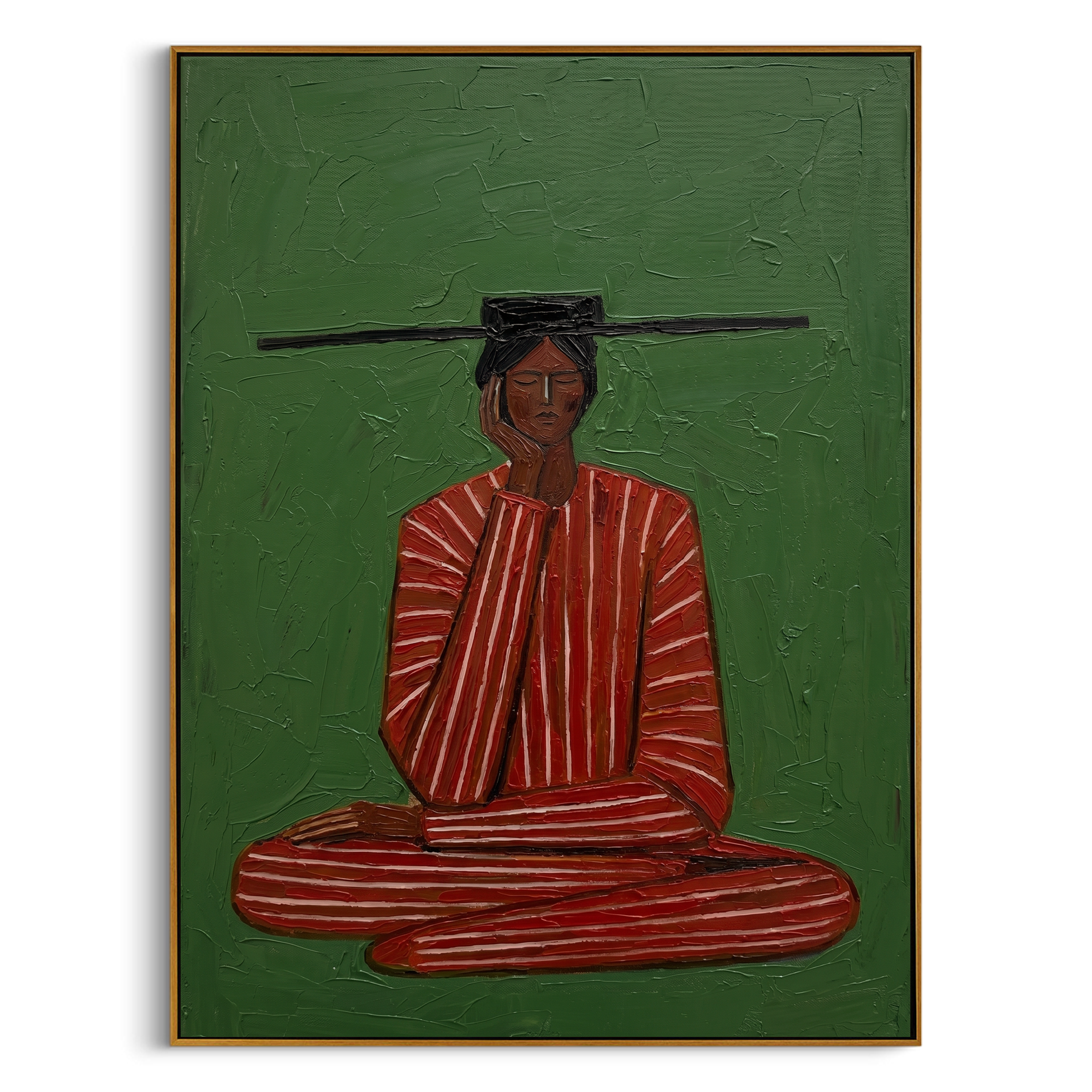 "Meditation in Stripes" – Textured Abstract Portrait Art | Bold Green & Red Zen Woman Painting | Contemporary Vertical Wall Decor #PE 503