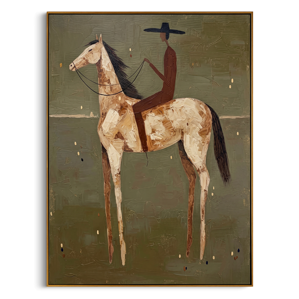 "The Rider & The Palomino" – Modern Heavy Impasto Western Art | 3D Olive & Caramel Palette Knife Painting | Luxury Vertical Wall Art #AB 496