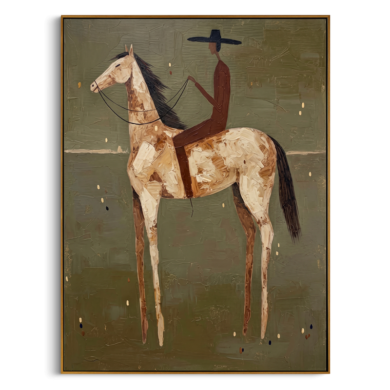 "The Rider & The Palomino" – Modern Heavy Impasto Western Art | 3D Olive & Caramel Palette Knife Painting | Luxury Vertical Wall Art #AB 496