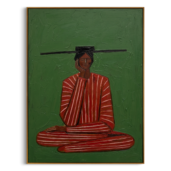 "Meditation in Stripes" – Textured Abstract Portrait Art | Bold Green & Red Zen Woman Painting | Contemporary Vertical Wall Decor #PE 503