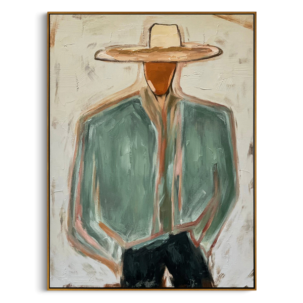 "The Modern Cowboy" – Heavy Impasto Abstract Portrait | 3D Green & Terracotta Palette Knife Painting | Luxury Vertical Wall Art #PE 504