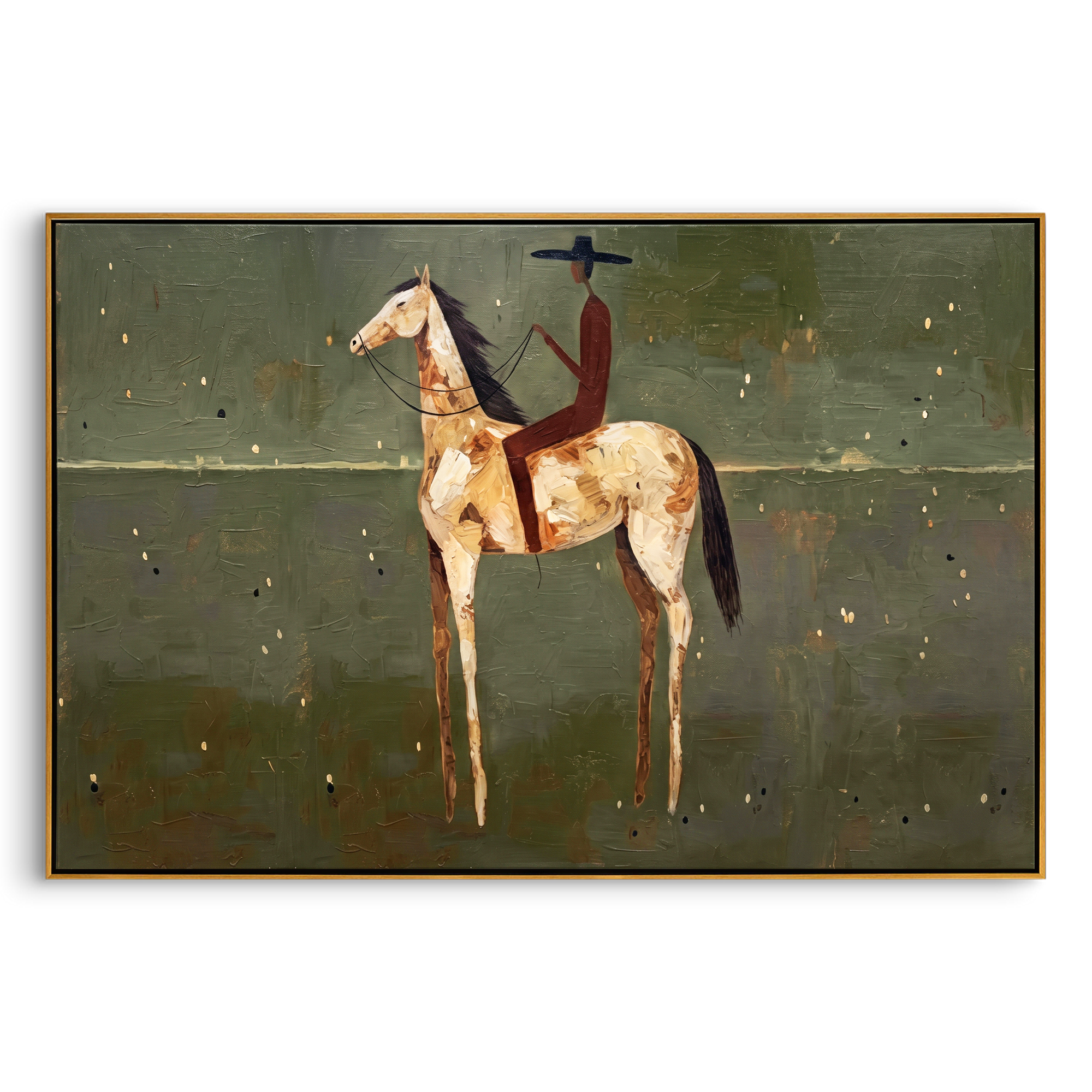 "Solitary Plains Cowboy Rider" – Modern Heavy Impasto Minimal Western Figurative | 3D Muted Sage & Cream Ochre Palette Knife Painting | Luxury Horizontal Wall Art #AB 518