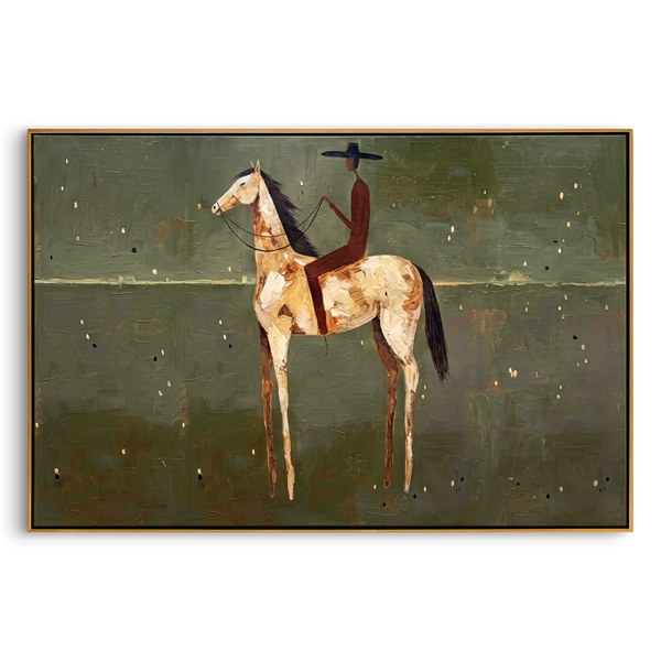 "Solitary Plains Cowboy Rider" – Modern Heavy Impasto Minimal Western Figurative | 3D Muted Sage & Cream Ochre Palette Knife Painting | Luxury Horizontal Wall Art #AB 518