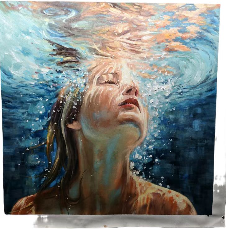 "Deep Blue Breath" – Impressionist Underwater Woman Oil Painting | Serene Light & Shadow Figurative Wall Art#PE369