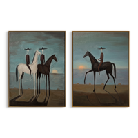"Twilight Horizon Riders Diptych" – Modern Heavy Impasto Surreal Western Figurative | 3D Teal Dusk & Umber Brown Palette Knife Painting | Luxury Two-Panel Vertical Wall Art Set #AB 519