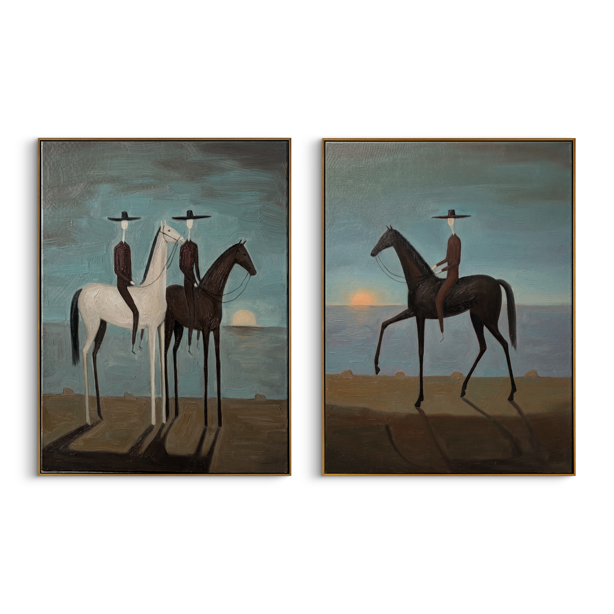 "Twilight Horizon Riders Diptych" – Modern Heavy Impasto Surreal Western Figurative | 3D Teal Dusk & Umber Brown Palette Knife Painting | Luxury Two-Panel Vertical Wall Art Set #AB 519