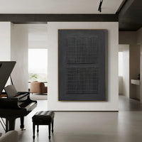 "Monolithic Black Matrix" - Modern Wabi-Sabi Minimalist Art | Black Textured Grid Canvas Painting | Luxury Vertical Wall Art #WS 003