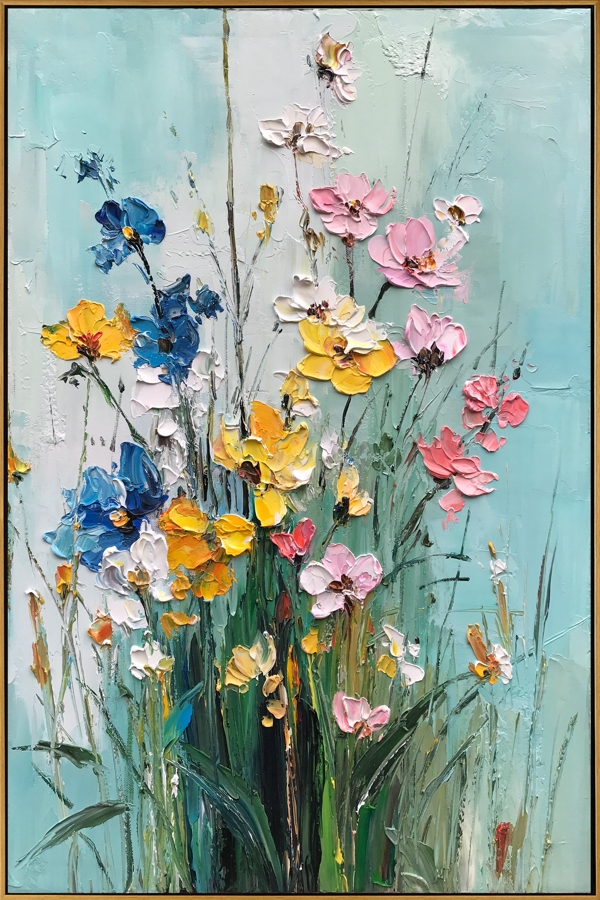 "Azure Garden Whisper" - Textured Floral Art | 3D Blue & Green Impasto Canvas Painting | Luxury Vertical Wall Art #FL 317
