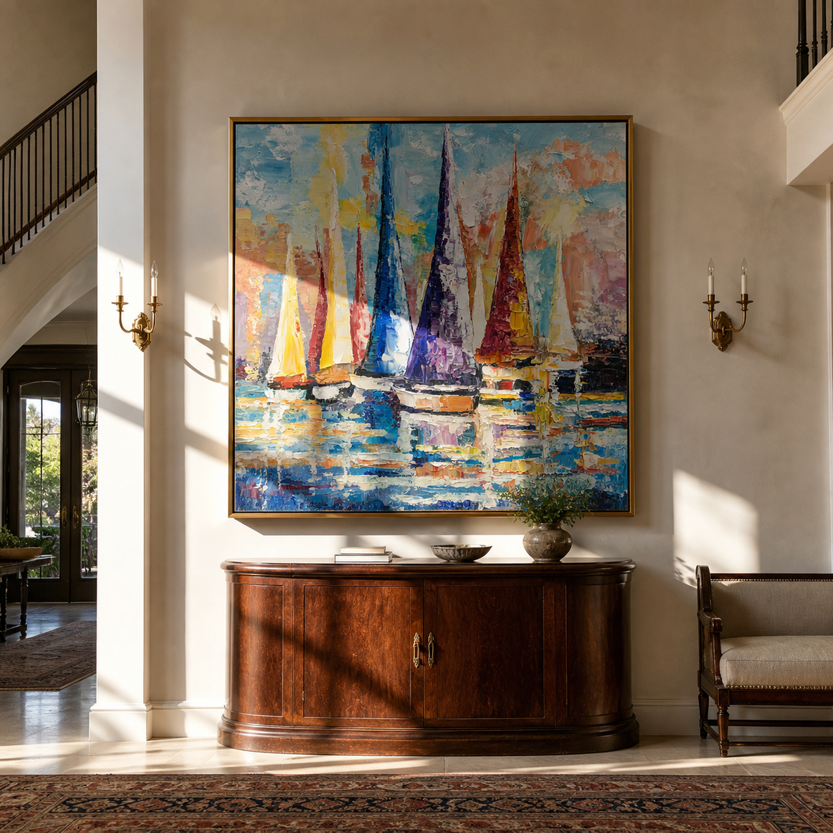 "Azure Meadow Horizon" is a 100% hand-painted landscape painting created with professional oil and acrylic paints on high-quality canvas. Its blue & orange palette and visible textured strokes give every piece authentic handmade variation and tactile depth.