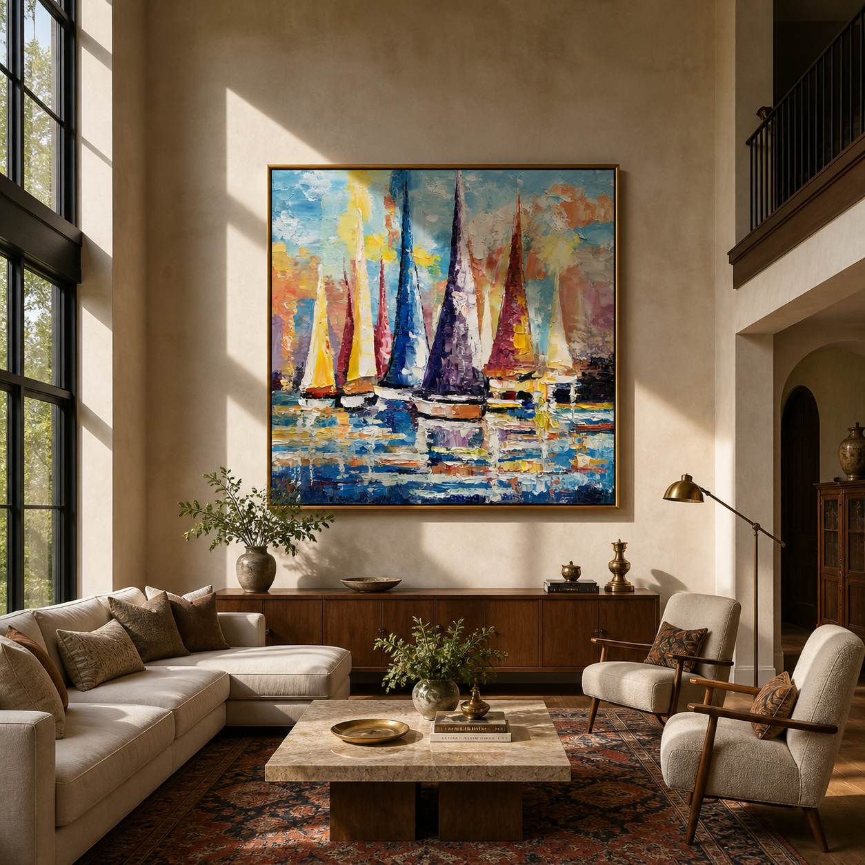 "Azure Meadow Horizon" is a 100% hand-painted landscape painting created with professional oil and acrylic paints on high-quality canvas. Its blue & orange palette and visible textured strokes give every piece authentic handmade variation and tactile depth.