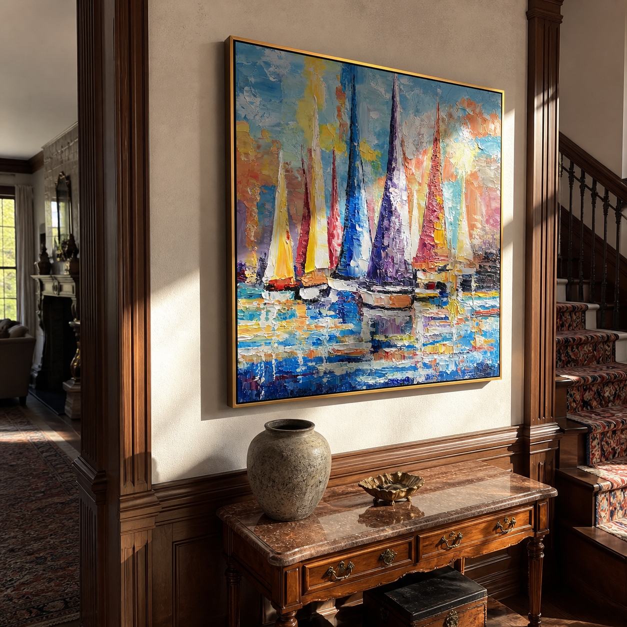 "Azure Meadow Horizon" is a 100% hand-painted landscape painting created with professional oil and acrylic paints on high-quality canvas. Its blue & orange palette and visible textured strokes give every piece authentic handmade variation and tactile depth.