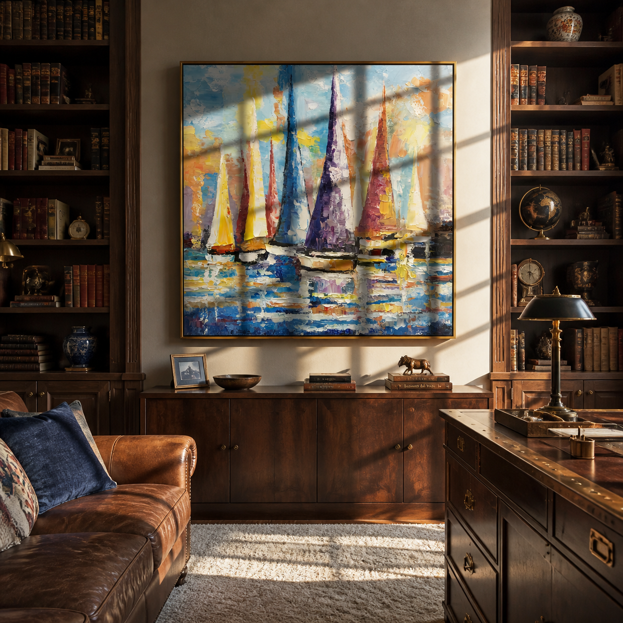 "Azure Meadow Horizon" is a 100% hand-painted landscape painting created with professional oil and acrylic paints on high-quality canvas. Its blue & orange palette and visible textured strokes give every piece authentic handmade variation and tactile depth.